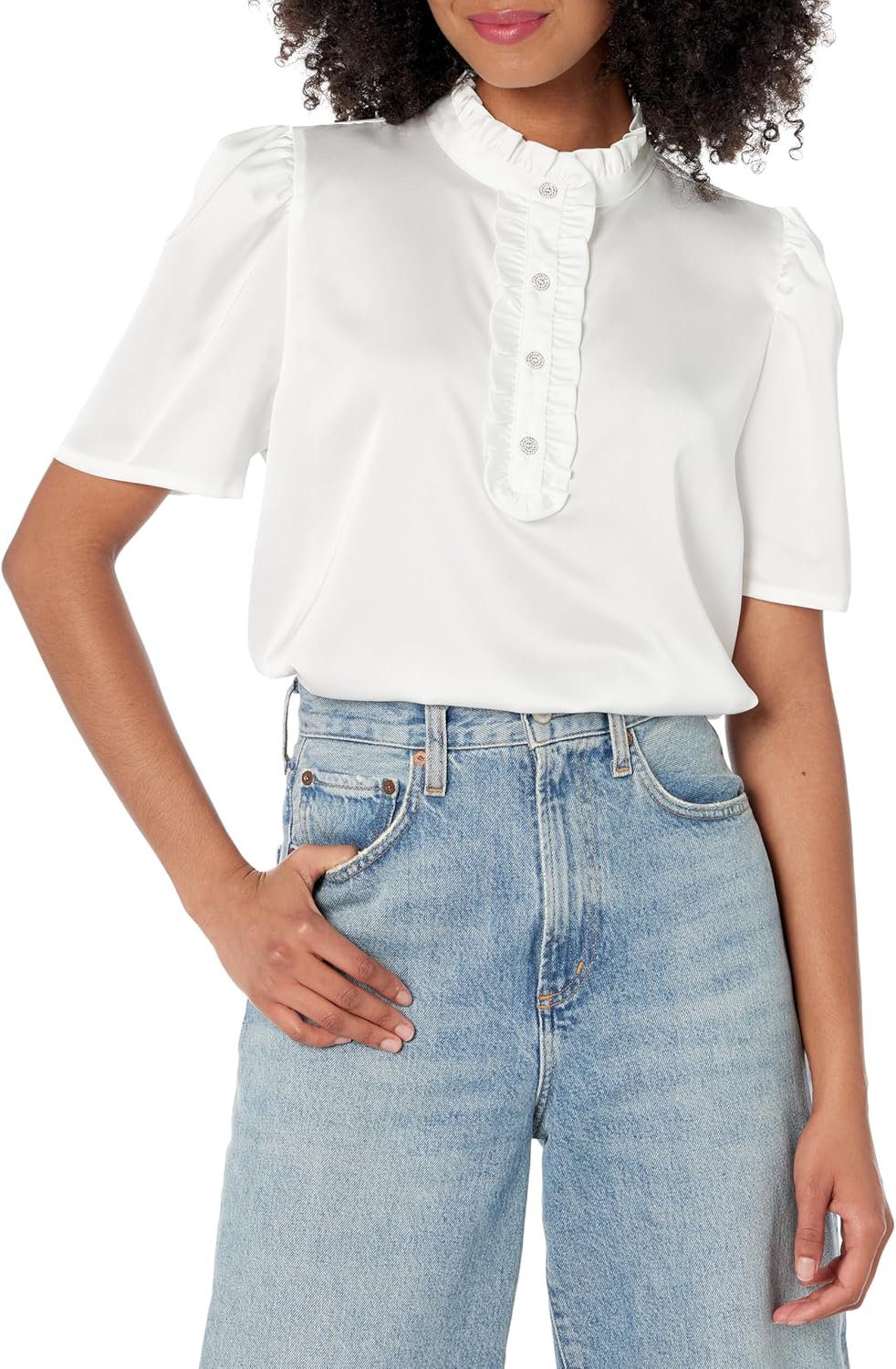 Karl Lagerfeld Womens Ruffle Detail Short Sleeve Blouse