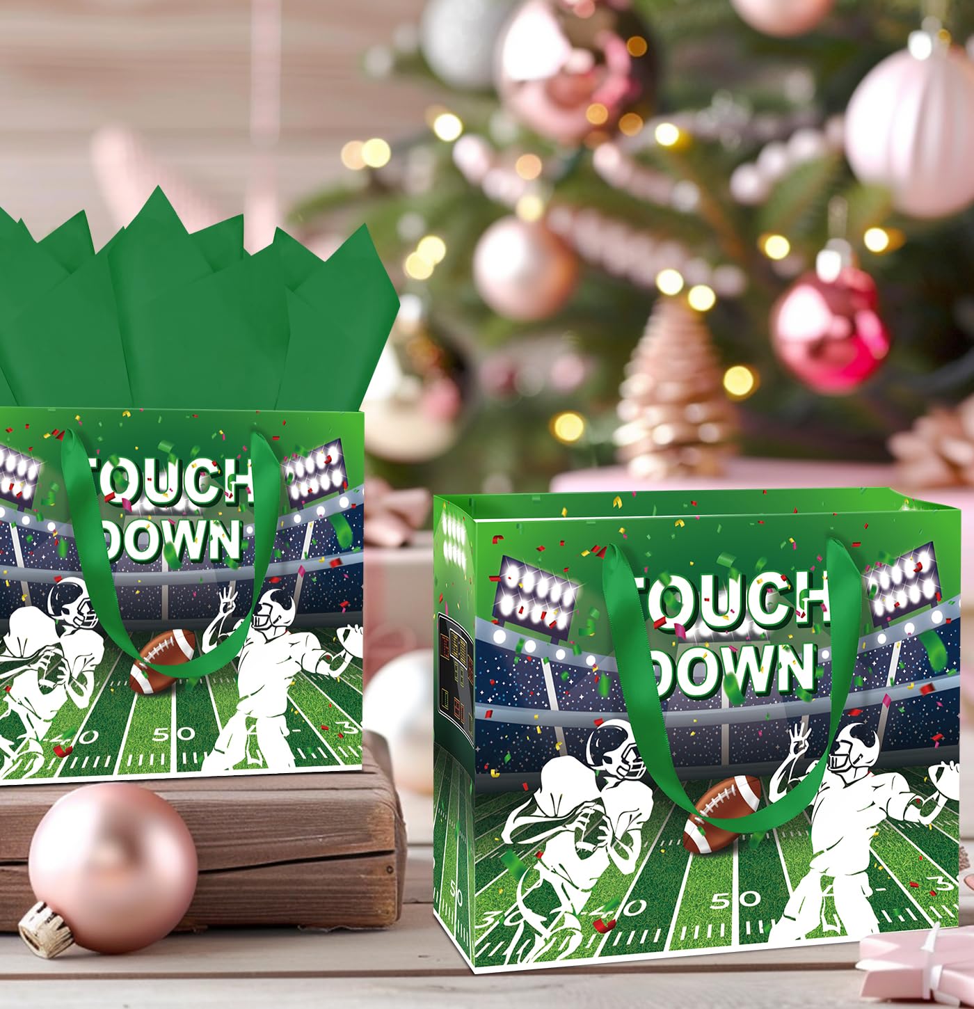 MUNILAIL 13 Inches Football Gift Bag Large Gift Bag with Handle Tissue Paper and Greeting Card for Birthday Baby Shower Football Themed Party Large Paper Gift Bag