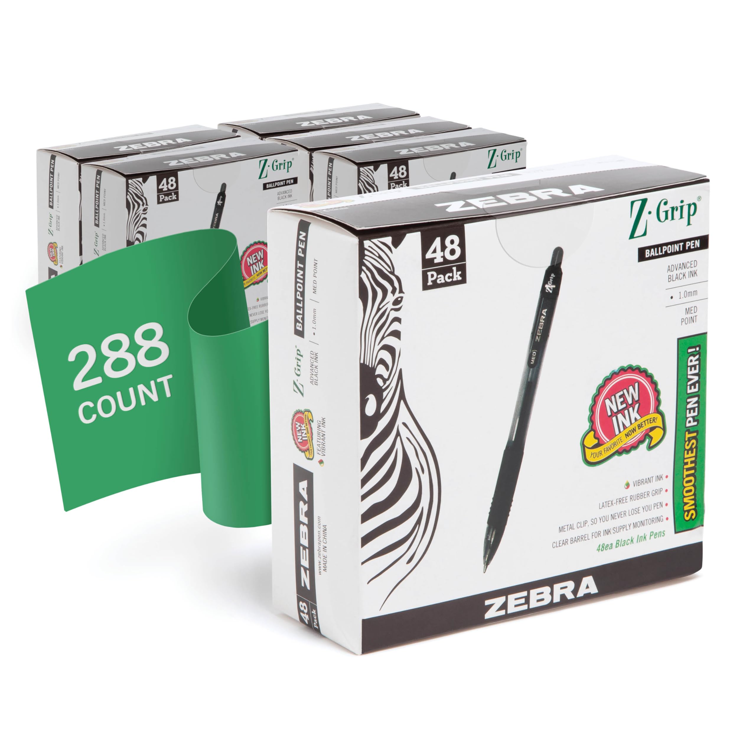 Zebra Pen Z-Grip Retractable Ballpoint Pen, Medium Point, 1.0mm, Black Ink, Model Number: 22148 - (Pack of 6, 288 Count Total)