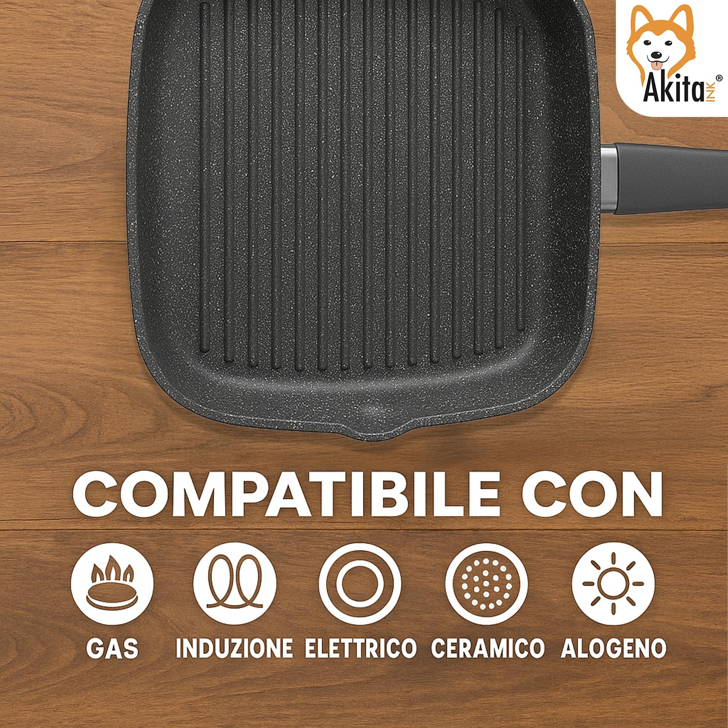 AKITAInk Bistecchiera Energika 28×28 cm Piastra Quadrata in Alluminio Effetto Pietra Antiaderente, Manico Soft Touch, Adatta anche ai Piani a Induzione