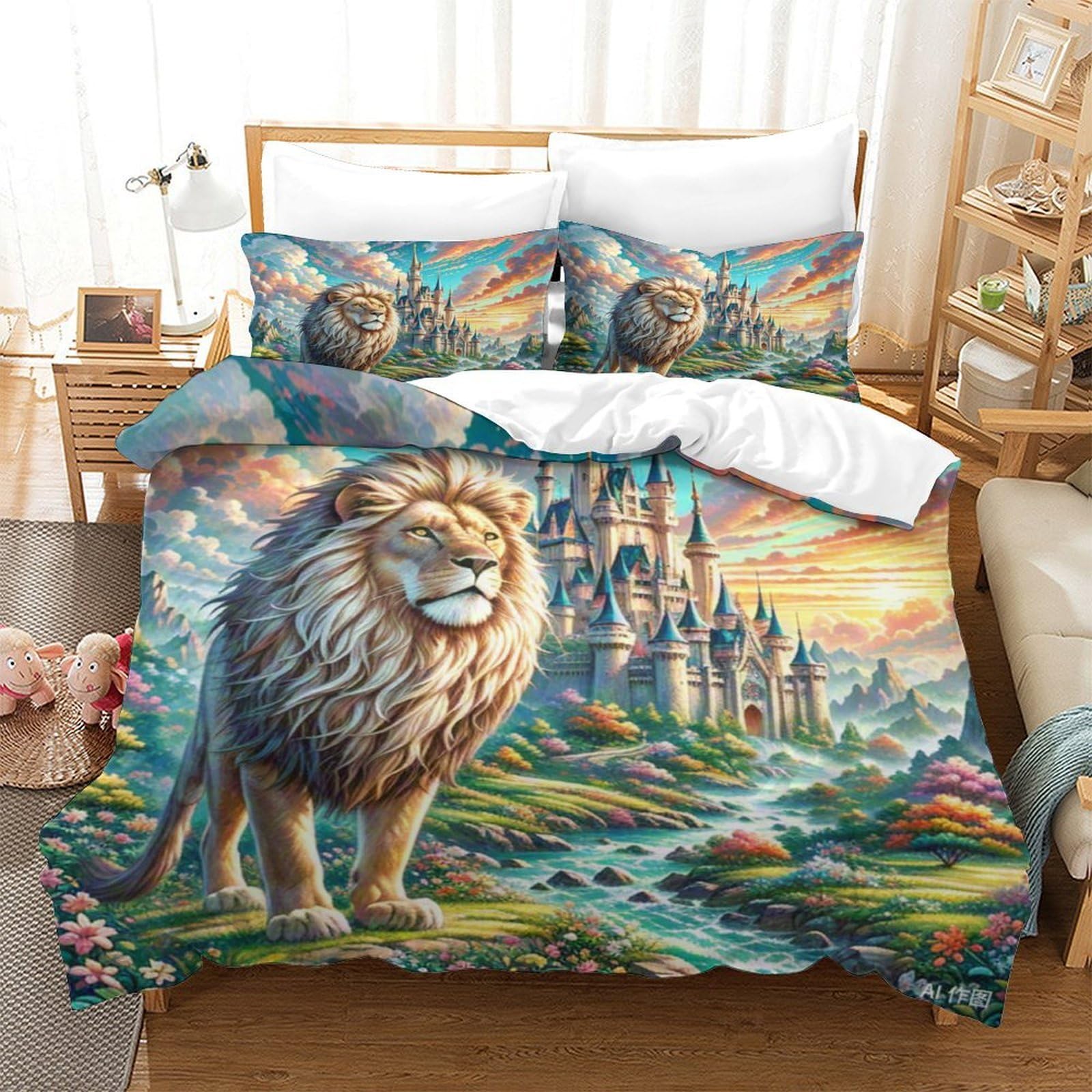 Housse de couette lion 3D lit simple 140x200 microfibre zippée