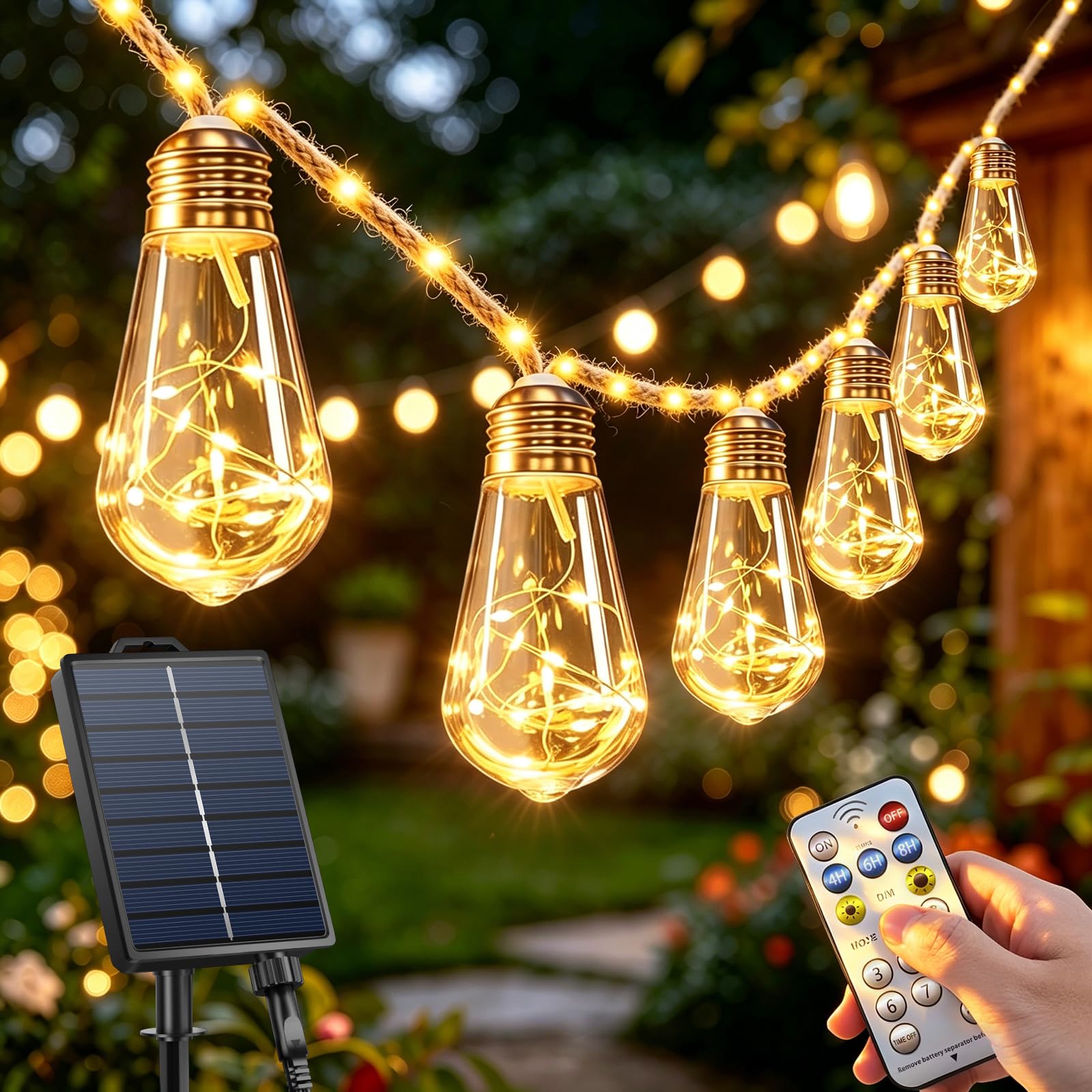 Solar Lichterkette Aussen 17.5M 30 Glühbirnen Vintage Hanfseil Lichterkette Außen Wetterfest mit 116 LEDs Warmweiß 8 Modi Solarlichterketten Outdoor für Terrasse Garten Haus Patio Party Hochzeit Deko