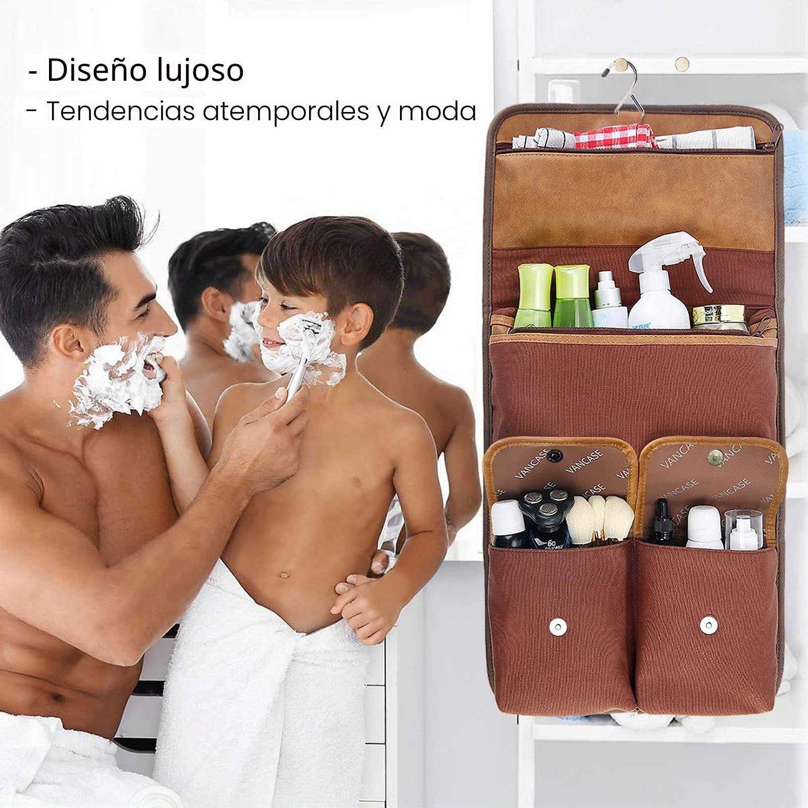 VANCASE - Neceser Colgante para Hombre, de Cuero, Organizador de baño y Ducha, Kit de Accesorios de Maquillaje de Viaje, Gran Regalo, Brown, Estilo Retro, combina con Todo, Encanto Maduro