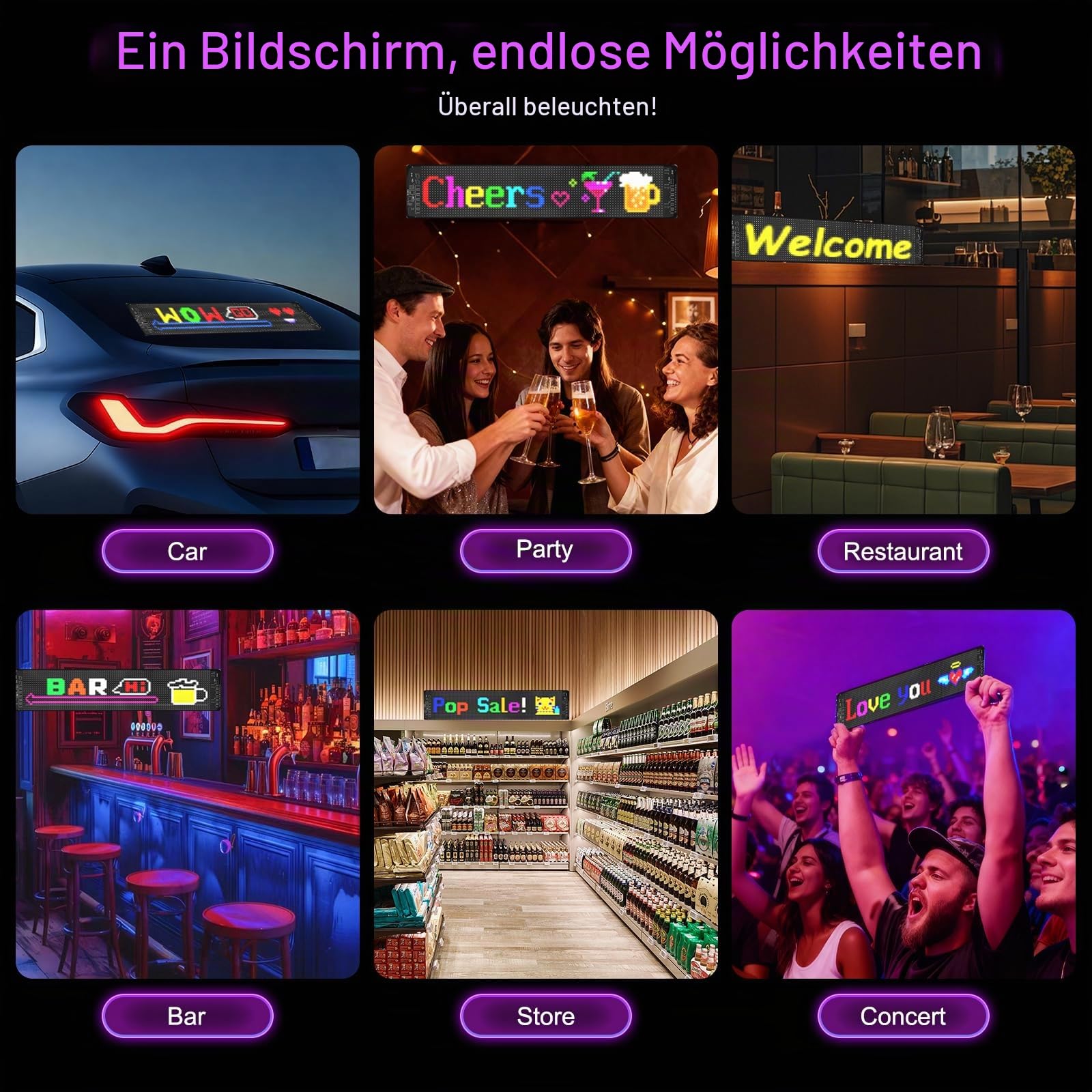 19 * 90Cm Flexibler LED Anzeigetafel, Programmierbare RGB-Laufschrift per Bluetooth Smart App, Devil Eyes Augen für Auto，Personalisiert für Bar, Werbung, Restaurant, Store, Party Dekoration
