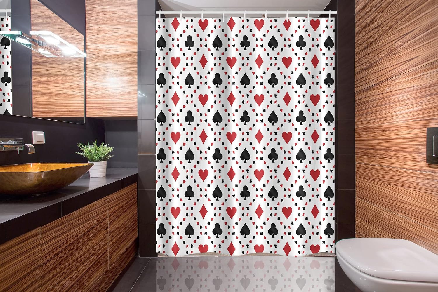 Ambesonne Casino Stall Shower Curtain, Poker Cards Advertising Holidays Getaways Tourist Destinations Pleasure Art Print, Fabric Bathroom Decor Set with Hooks, 54" W x 78" L, Red Black