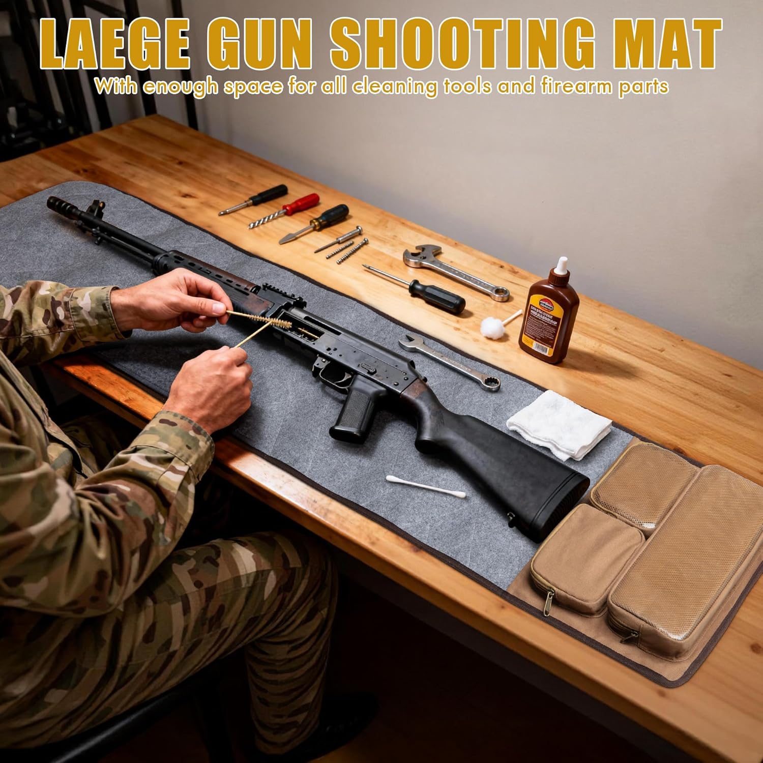 Large Gun Cleaning Mat for All Guns, Roll Up Rifle Cleaning Pad with PVC Accessory Organizer for Shotgun Handgun Pistols, Portable Canvas Gun Clean Mat with Shoulder Strap Khaki