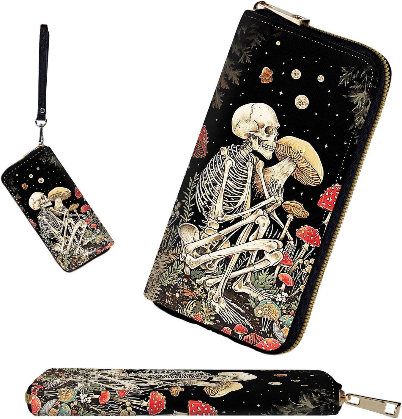 RFID-Blocking Zip Around Wallets for Women with Detachable Wrist Strap,Large Capacity Phone Holder with Card Organizer & Coin Pocket,Skull Men Mushroom Star