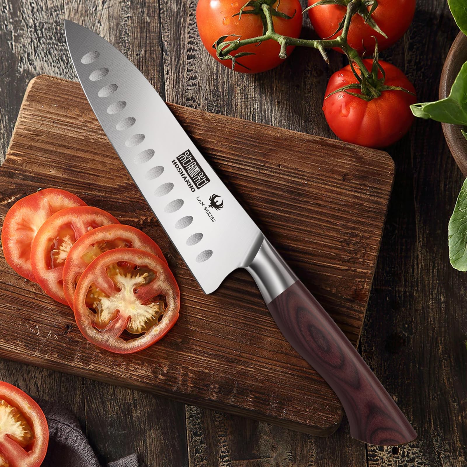 HOSHANHO Couteau Santoku 18cm, Professionnel Couteau de Cuisine, Couteau de Chef Japonais Ultra Tranchant, Couteau de Cuisine à Acier à Haute Teneur en Carbone avec Ergonomique en Bois