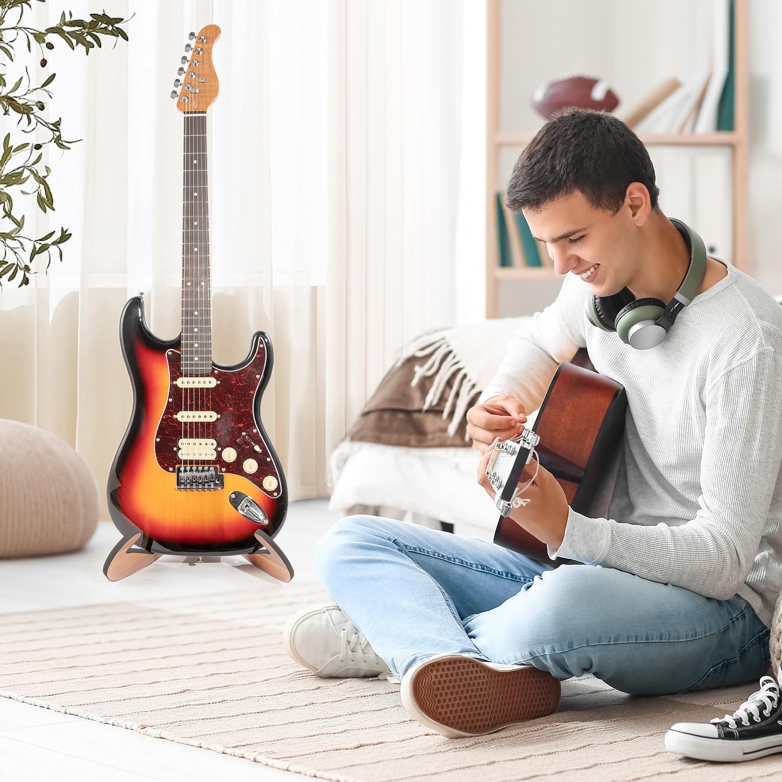 GS1 Soporte de Guitarra Suelo, Soporte Guitarra con Goma Suave, Marco X Soporte de Madera Universal para Guitarra Acústica Clásica Eléctrica Bajo Ukelele Mandolina, Accesorios de Guitarra