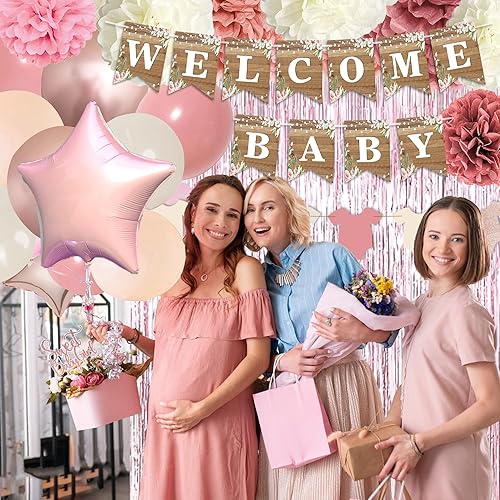 Miniatura 5 de Decoración de baby shower rosa polvoriento, juego de decoración de baby shower para niña con pancarta de bienvenida para bebé, pompones de tela,