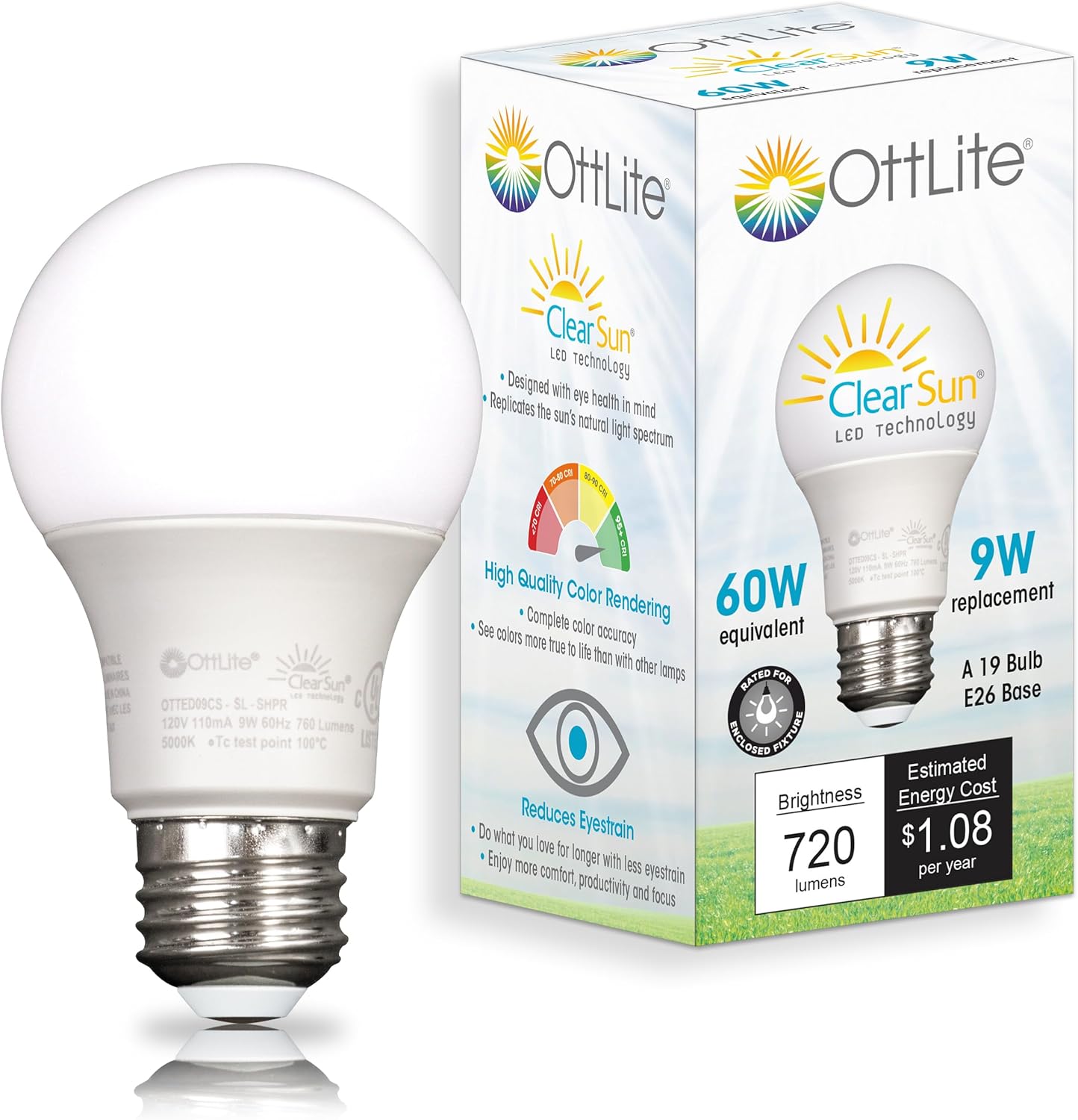 OttLite ClearSun 9W Edison-Base LED Bulb, 60W Equivalent, Full Spectrum Natural Daylight, E26 Base, 95+ Color Rendering Index, Dimmable LED Light Bulb Replacement