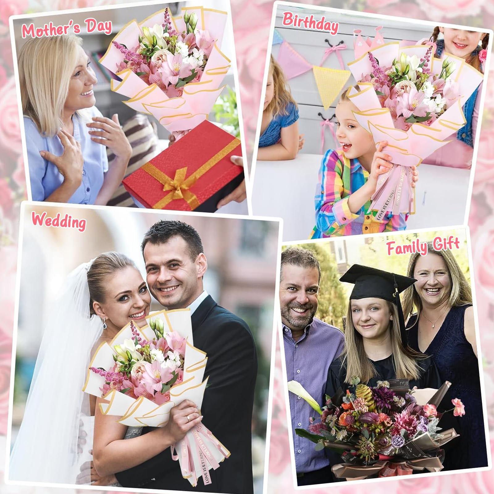 weiclianhp 20 Hojas Papel de Envolver Flores Impermeable con Borde Dorado, 10 Blanco + 10 Rosa, 58x58 cm, para Ramos de Flores, Regalos de Cumpleaños y Eventos
