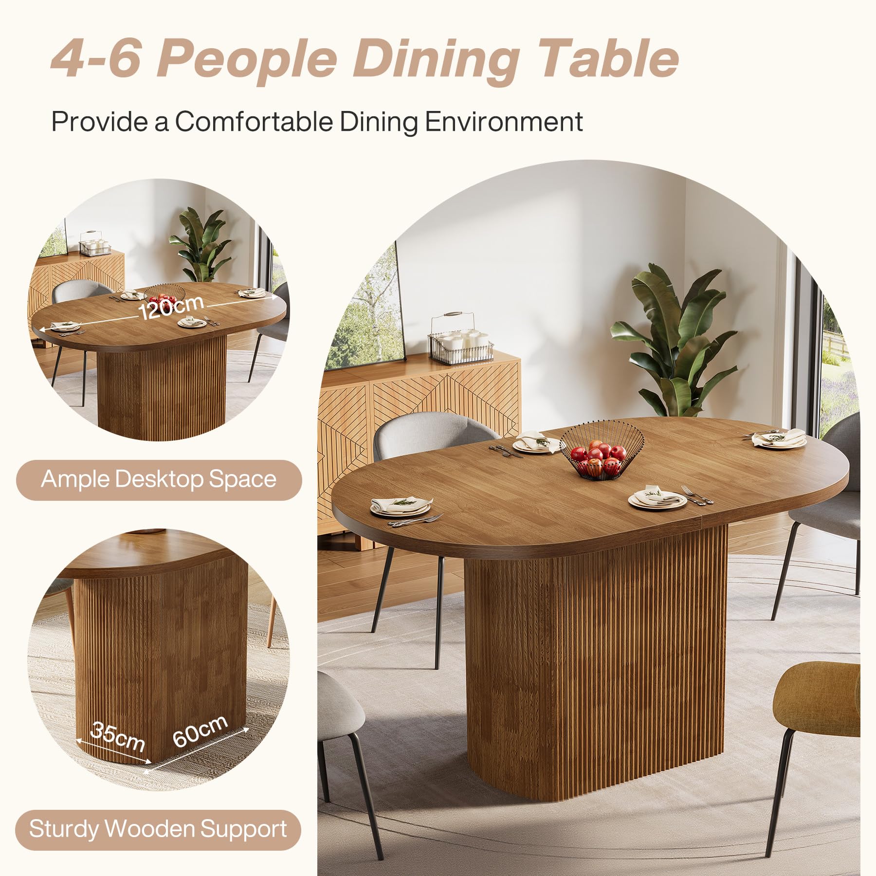 Tribesigns Ovale Esstisch, Rustikaler Küchentisch mit Holzbasis für 4 Personen, Kleiner Esstisch für Esszimmer, Küche, Wohnzimmer, 120 x 70 x 75,5 cm, Braun