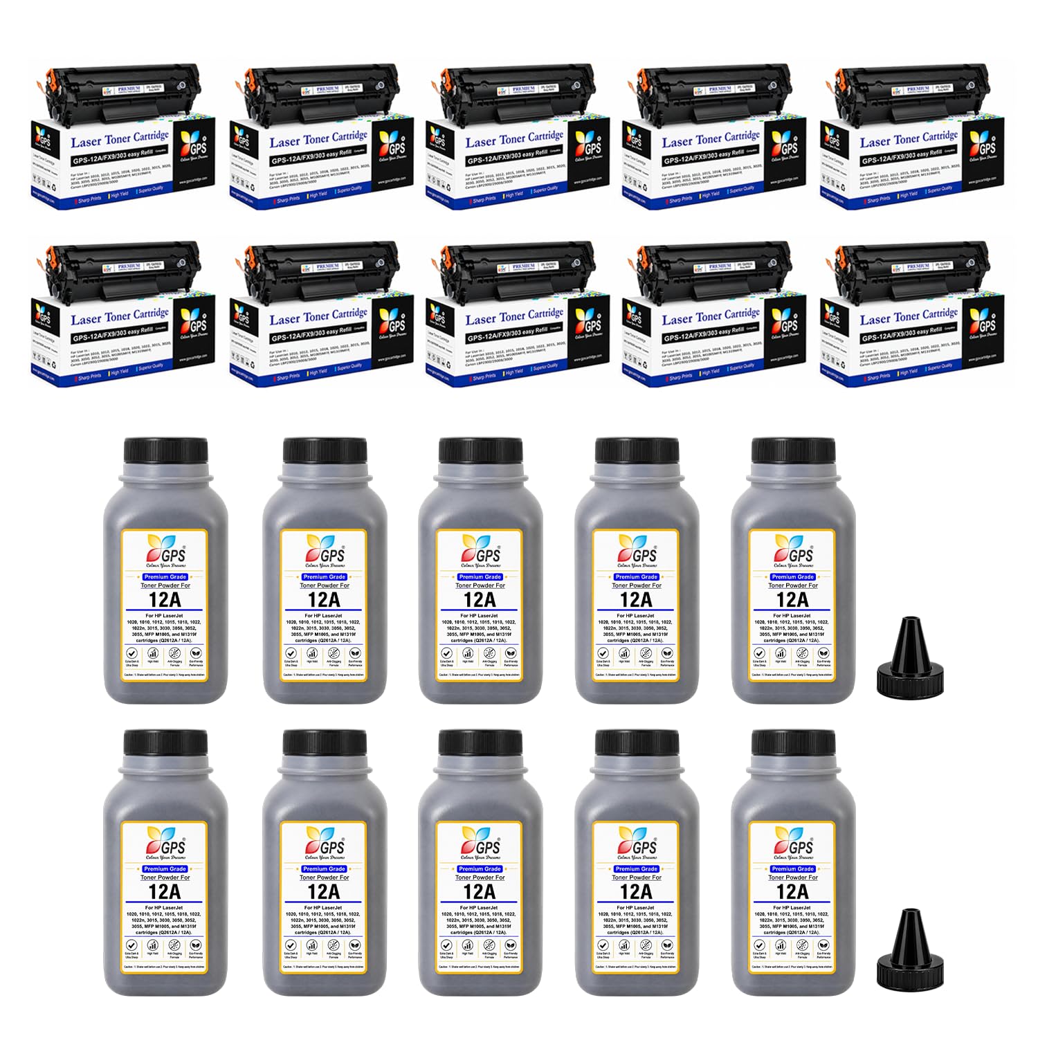 GPS 12A Easy Refill Toner Cartridge Pack of 10 with 10 Powder Bottles (100g x 10) Combo Compatible for HP LaserJet 1020 Plus, M1005, 1018 & Canon LBP 2900, 3000 | Black | Yield: 40,000 Pages Total-image-27