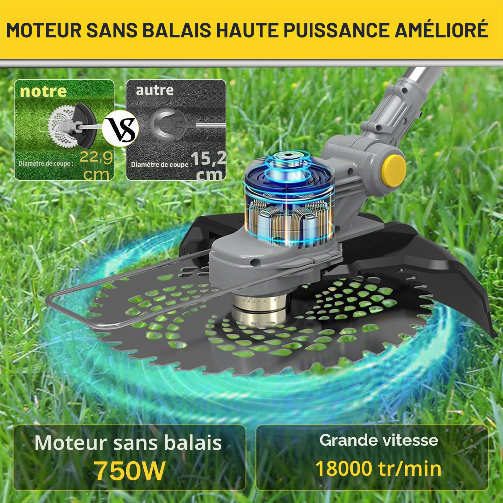 Débroussailleuse sans fil avec brosse à mauvaises herbes 21 V avec 2 batteries de 4,0 Ah et chargeur électrique sans balais 4 en 1 pour débroussailleuse télescopique réglable Gris