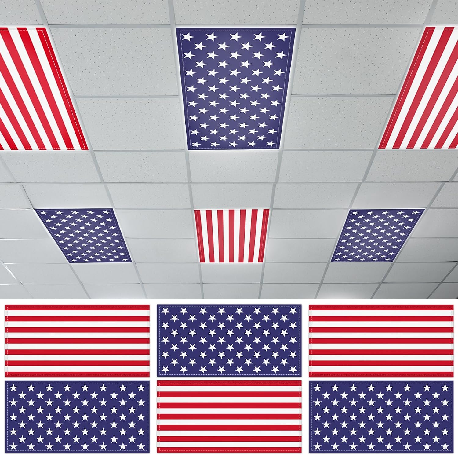 6 Pcs Fluorescent Light Covers for Classroom Ceiling Light 4 x 2 Ft Decorative Magnetic Lights Cover Filters Easy Install for School Office Home Hospital Ceiling Supplies (Independence Day USA Flag)