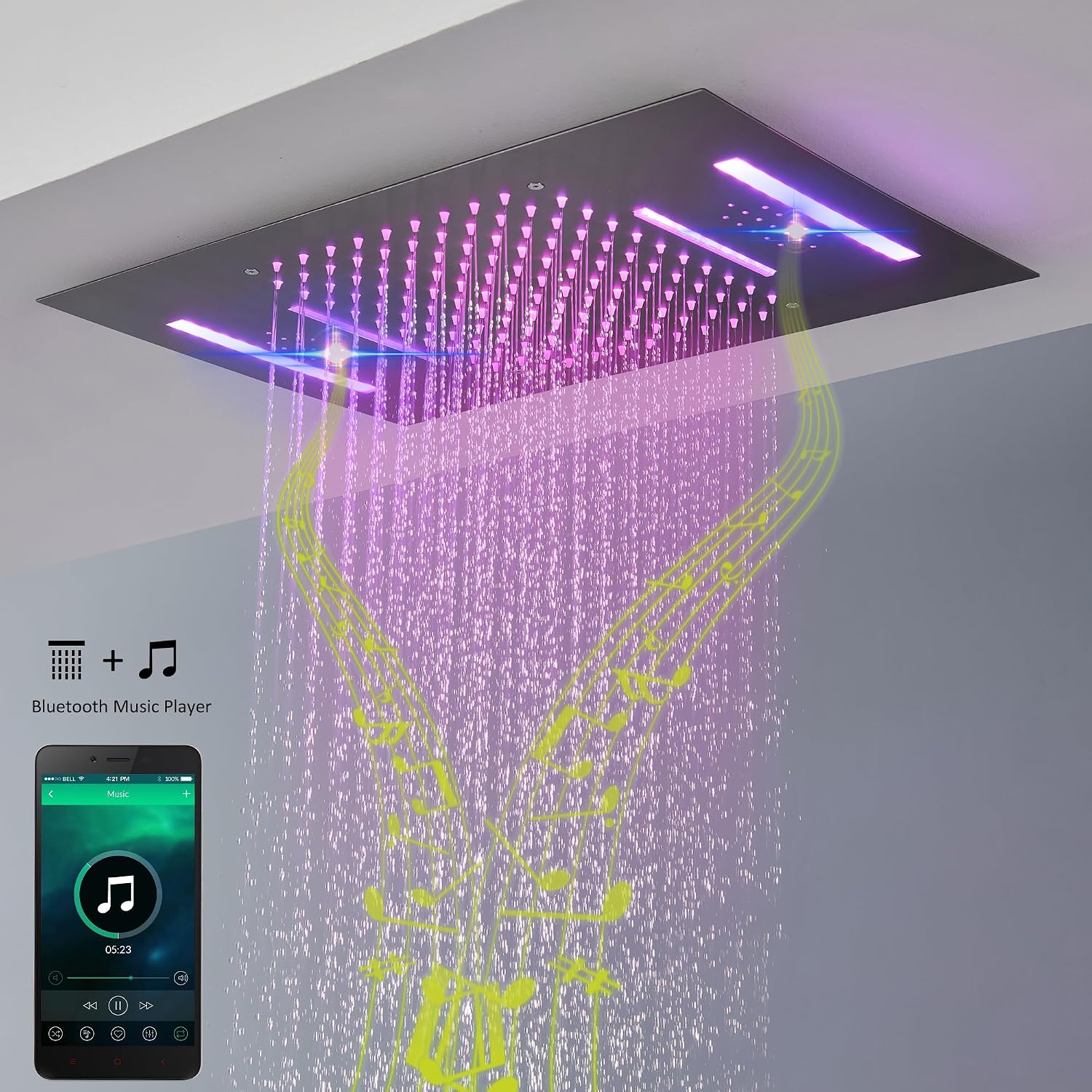 MONDAWE shower head with LED lights and a Bluetooth music player feature, showing musical notes flowing with the water.
