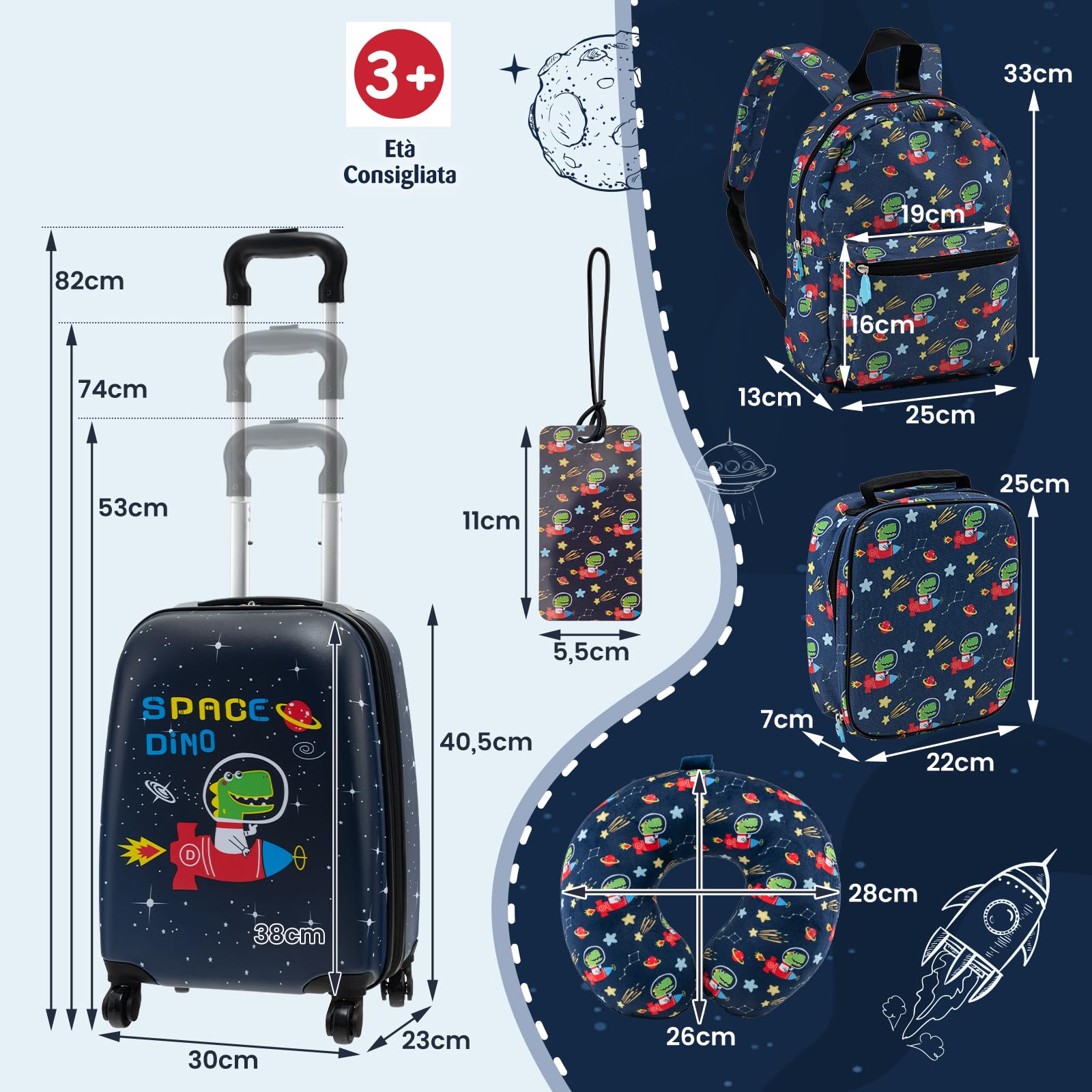 RELAX4LIFE Juego de Maleta para Niños de 5 Piezas con Maleta de Mano 38 cm, Mochila de 33 cm, Cojín para el Cuello, Bolsa de Almuerzo Aislada, Etiqueta, Maleta con Ruedas Rígidas, Negro