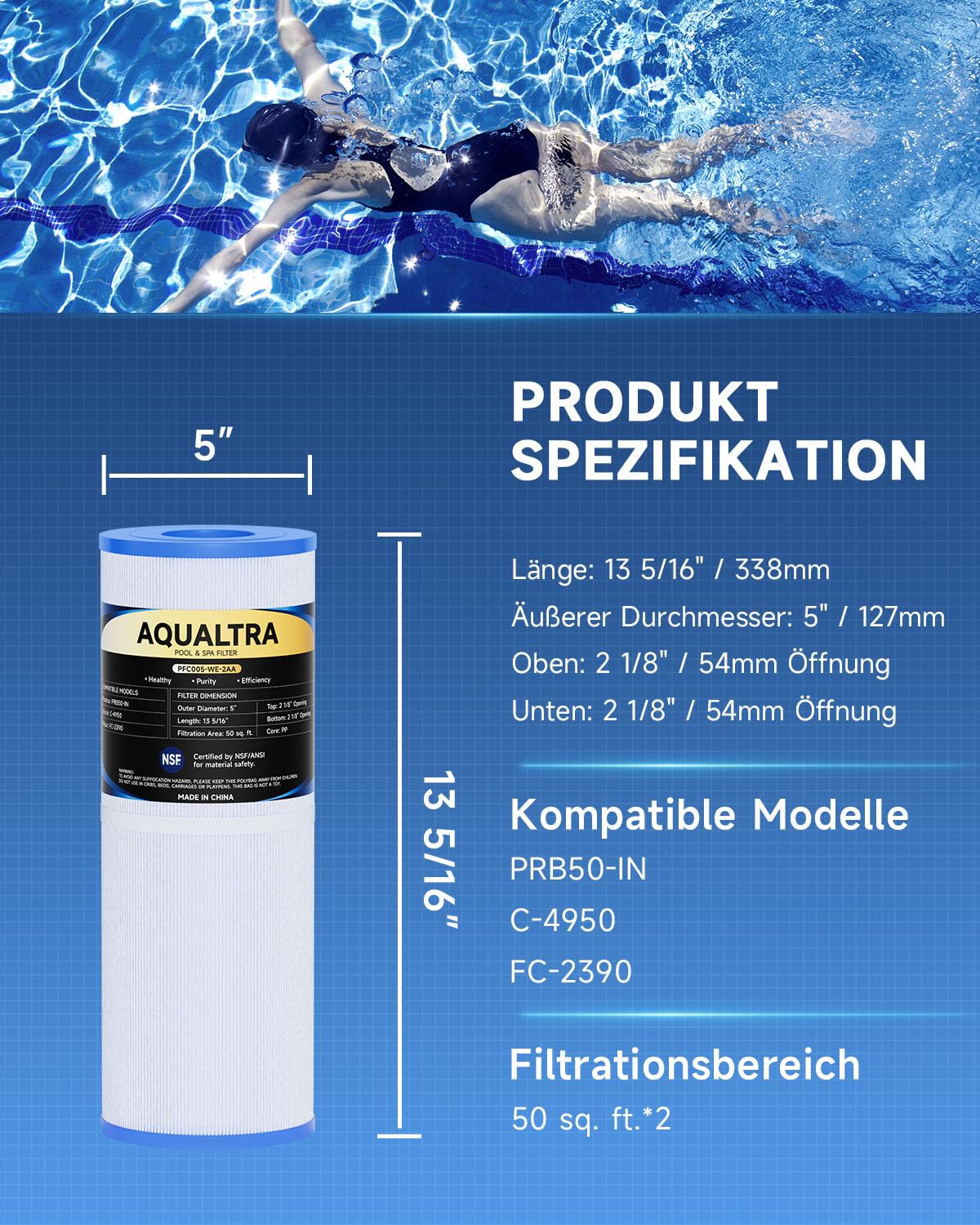 AQUALTRA Spa Filter Hot Tub Filter kompatibel mit PRB50-IN, PRB501N, Filterkartuschen für C-4950, FC-2390, 03FIL1600, J200, R173434, 413-212-02, 373045, 50 sq.ft.Spa-Filterpatrone, 338x127 MM 2 Stück