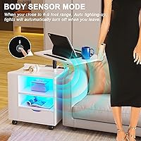 Vista 5 de HNEBC Mesita de noche LED con estación de carga inalámbrica, mesita de noche blanca tiene mesa giratoria ajustable, mesitas de noche con un cajón