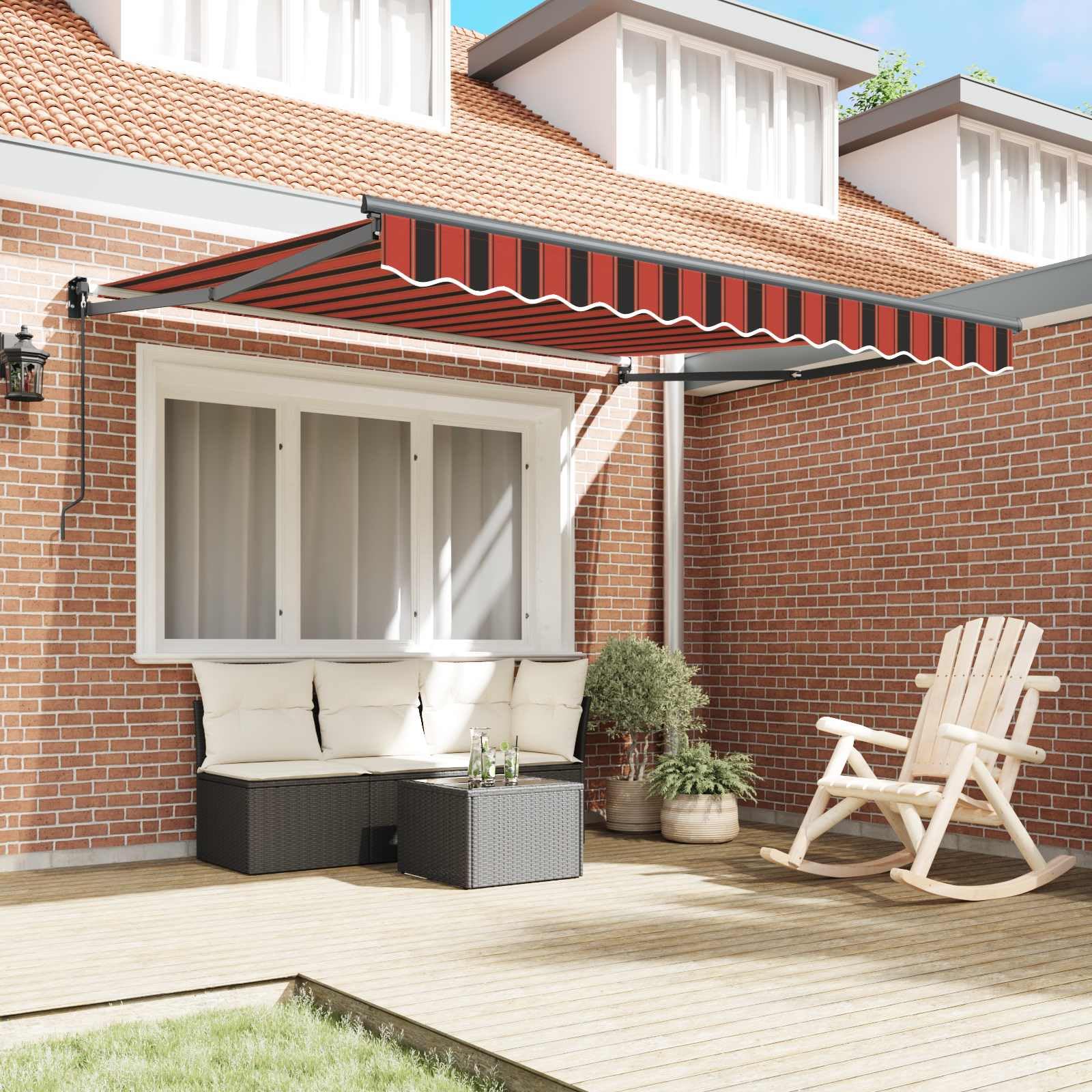 Auvent Store banne Rouge et Noir en Polyester 350 x 250 x 165 cm avec mécanisme Manuel pour terrasse Jardin pergola extérieur Protection Solaire et ombrage Polyvalent