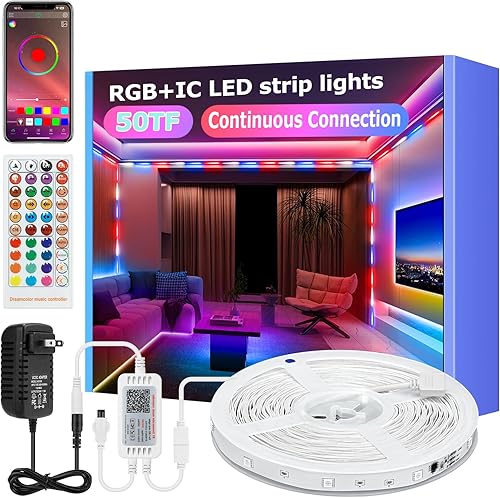 Tira de 300 luces LED RGB de conexión continua, luces LED inteligentes que cambian de color de 50 pies para dormitorio, control de aplicación
