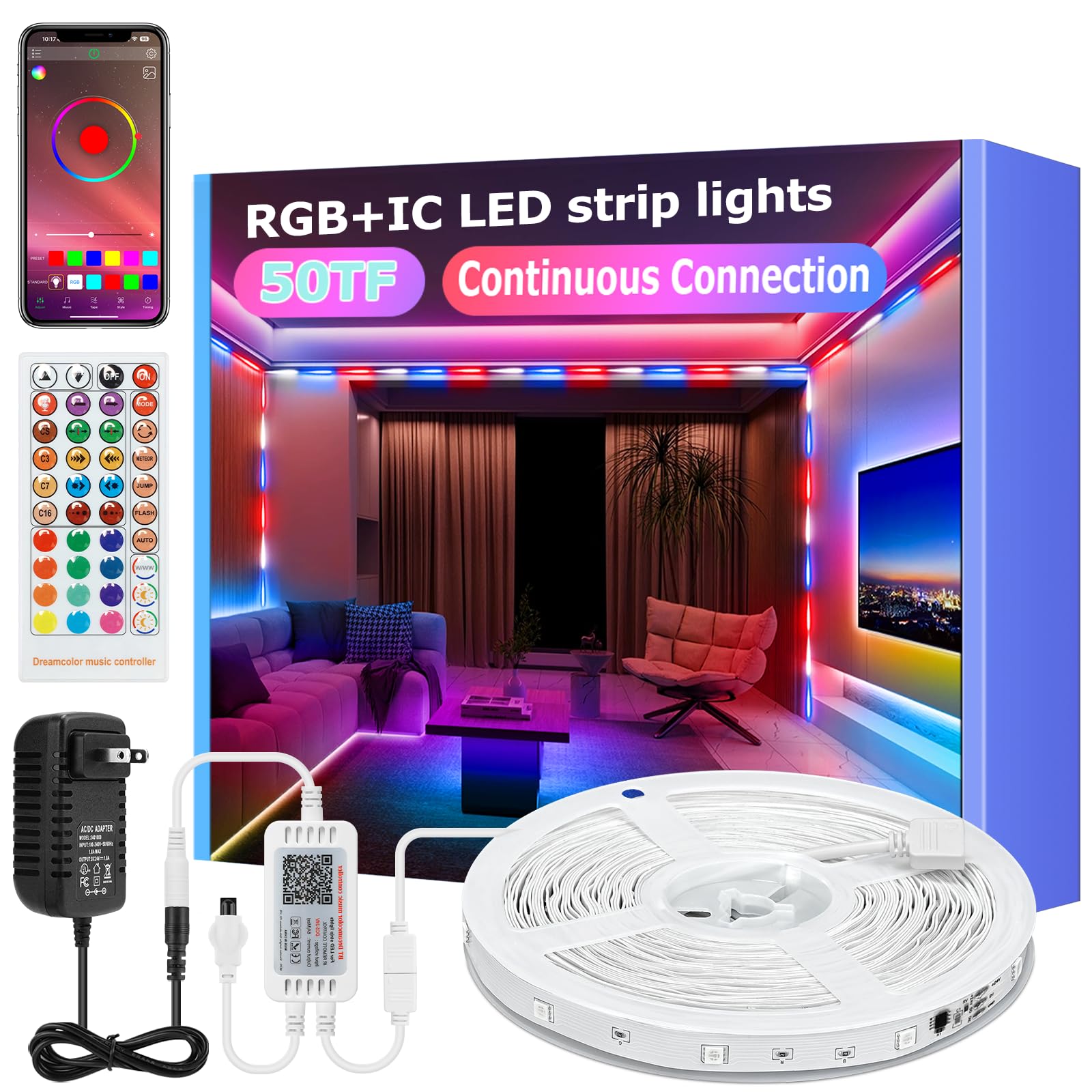 Prowemst Continuous Connection RGB 300LED Strip Lights, 50 FT Smart Color Changing LED Lights for Bedroom, Bluetooth APP Control, Music Sync for Gaming Room, Indoor