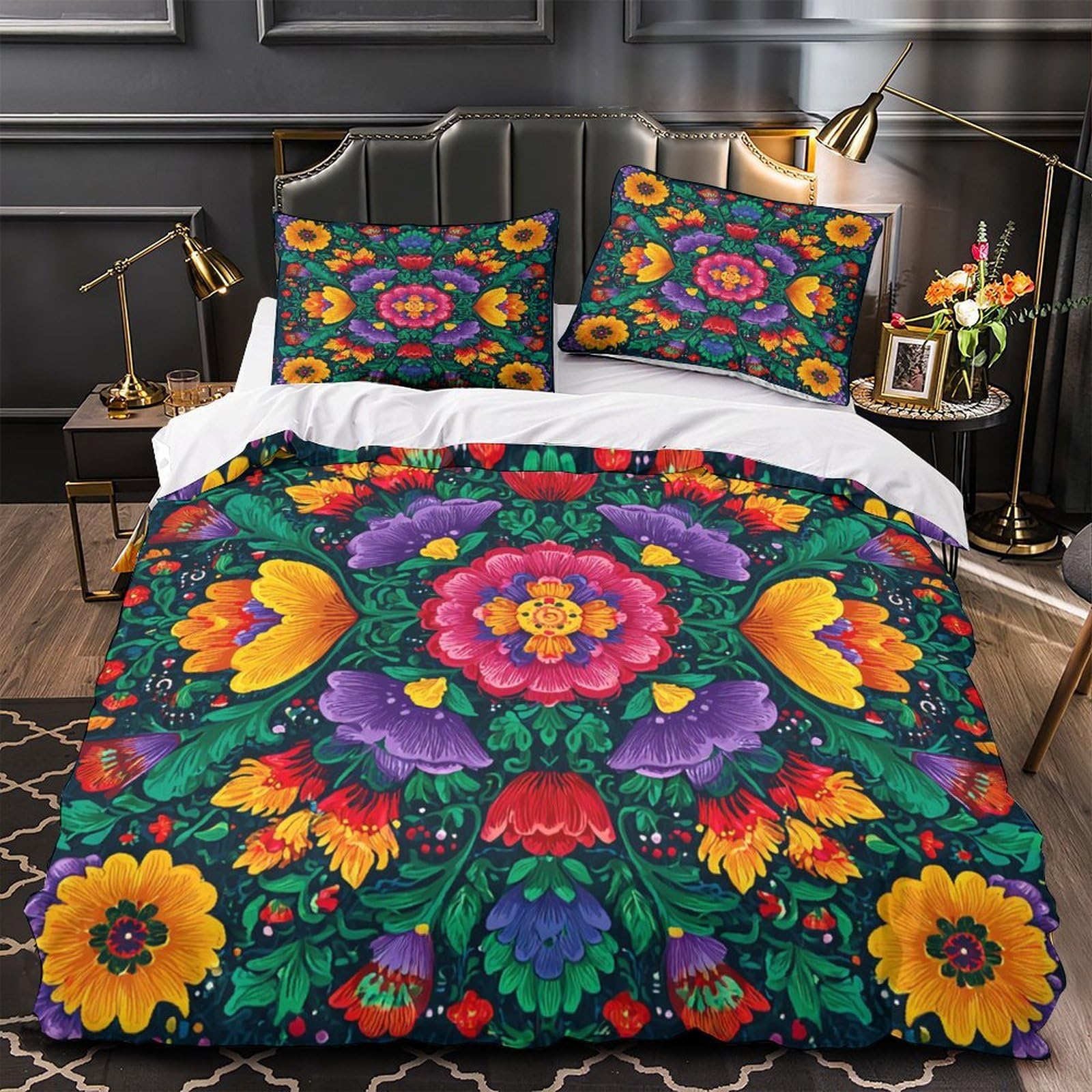 MMDASBVPE FloralPattern Quilt Cover 3D Print Extra Soft 3 Pieces Bed Set Hidden Zipper UkrainianFolkArtStyle Duvet Cover Luxury All Season for Adults Kids Teens Women Youth Teenagers King（220x240cm）