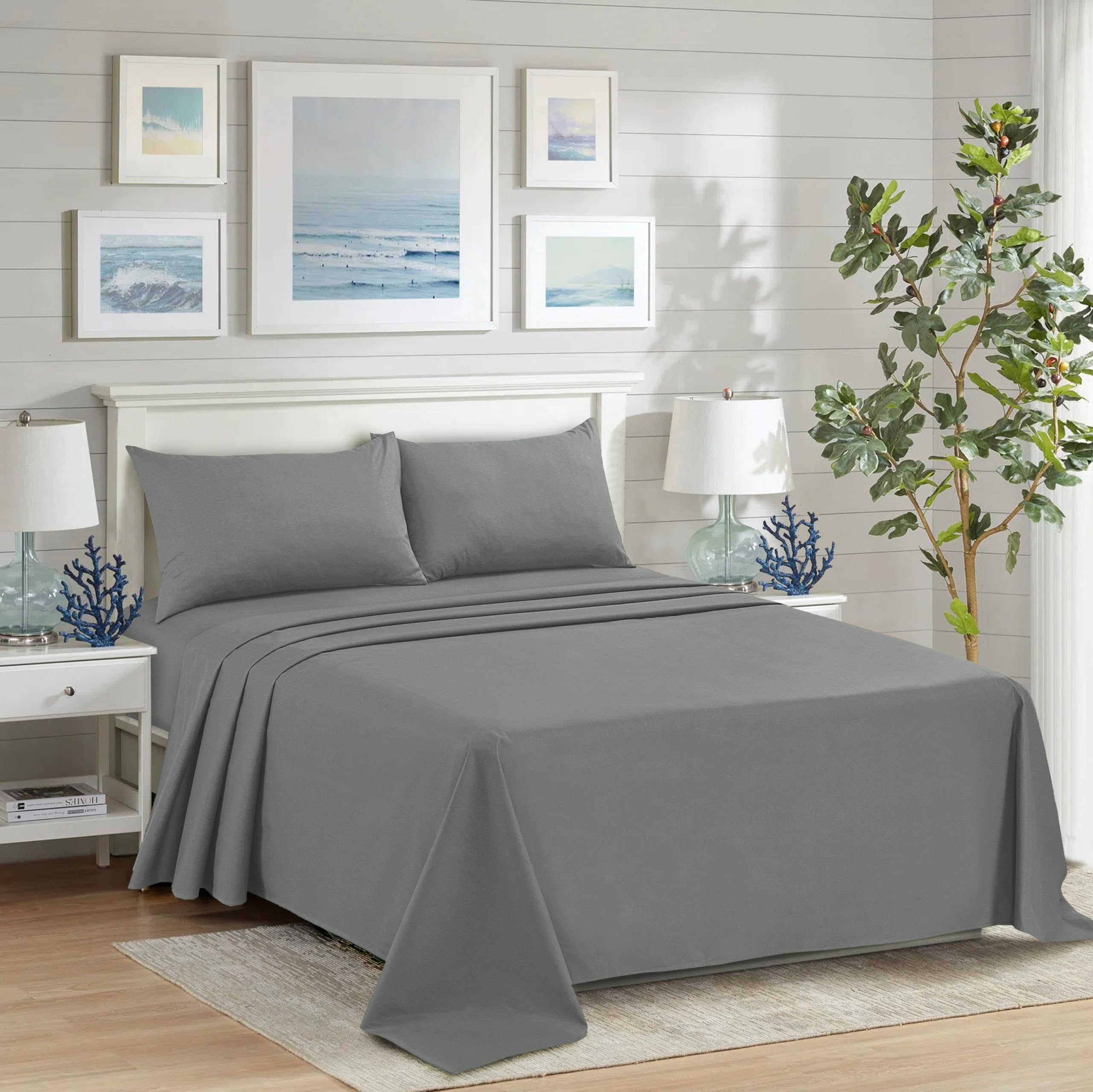 HADI LONDON Polycotton Flat Sheets for Single Double King Size Bed Softest Anti Wrinkle Non-Iron Plain Dyed Top Sheet with 200 Thread Count Ideal for Winter & Summer Bedding (Grey, Double)