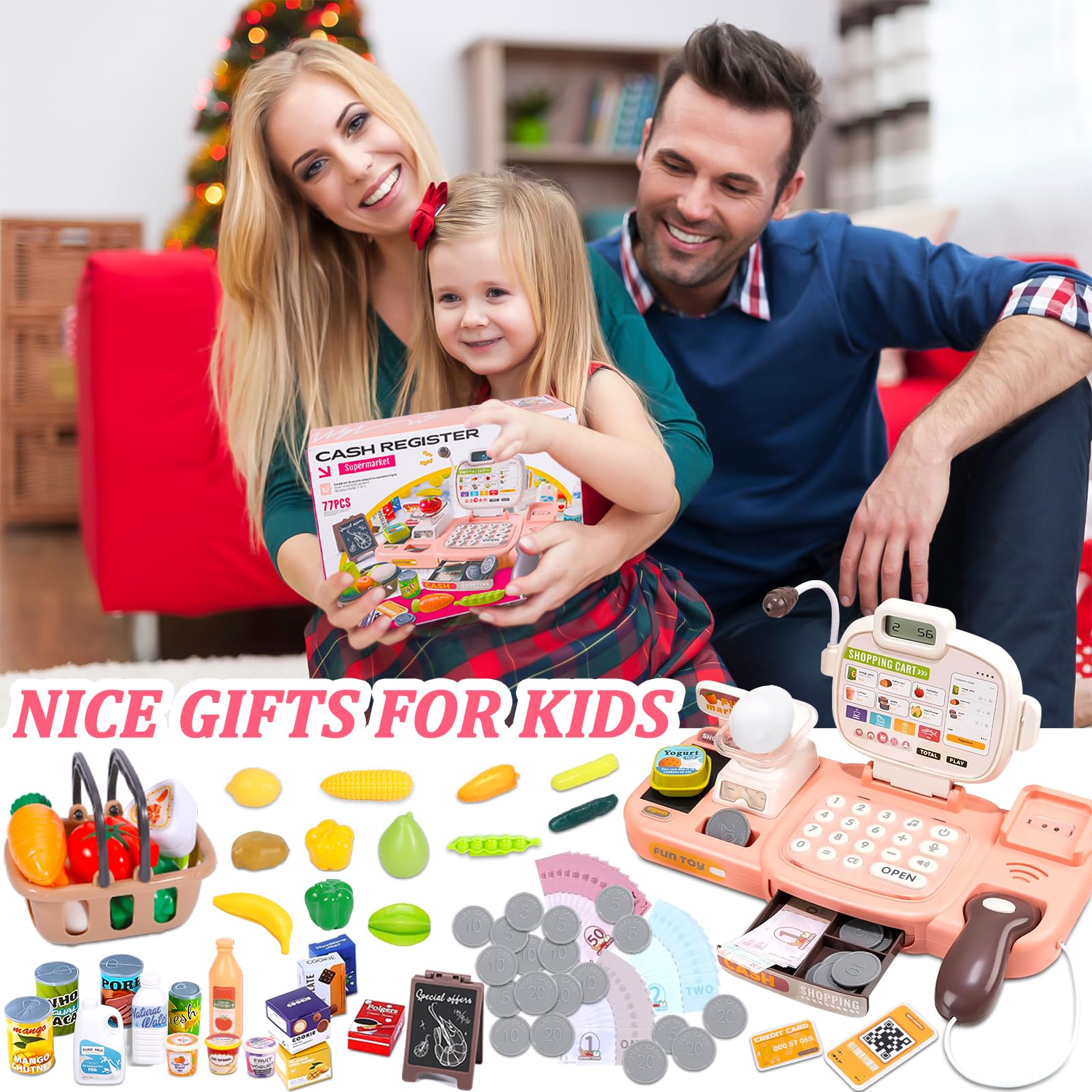 Jouet Caisse Enregistreuse pour Enfants avec Scanner et Son, Caisse de Magasin Jouet, 72 Accessoires (Calculatrice, POS, Argent Fictif, etc.) & Musique, Jeu de Rôle pour Garçon Fille de 3+ Ans