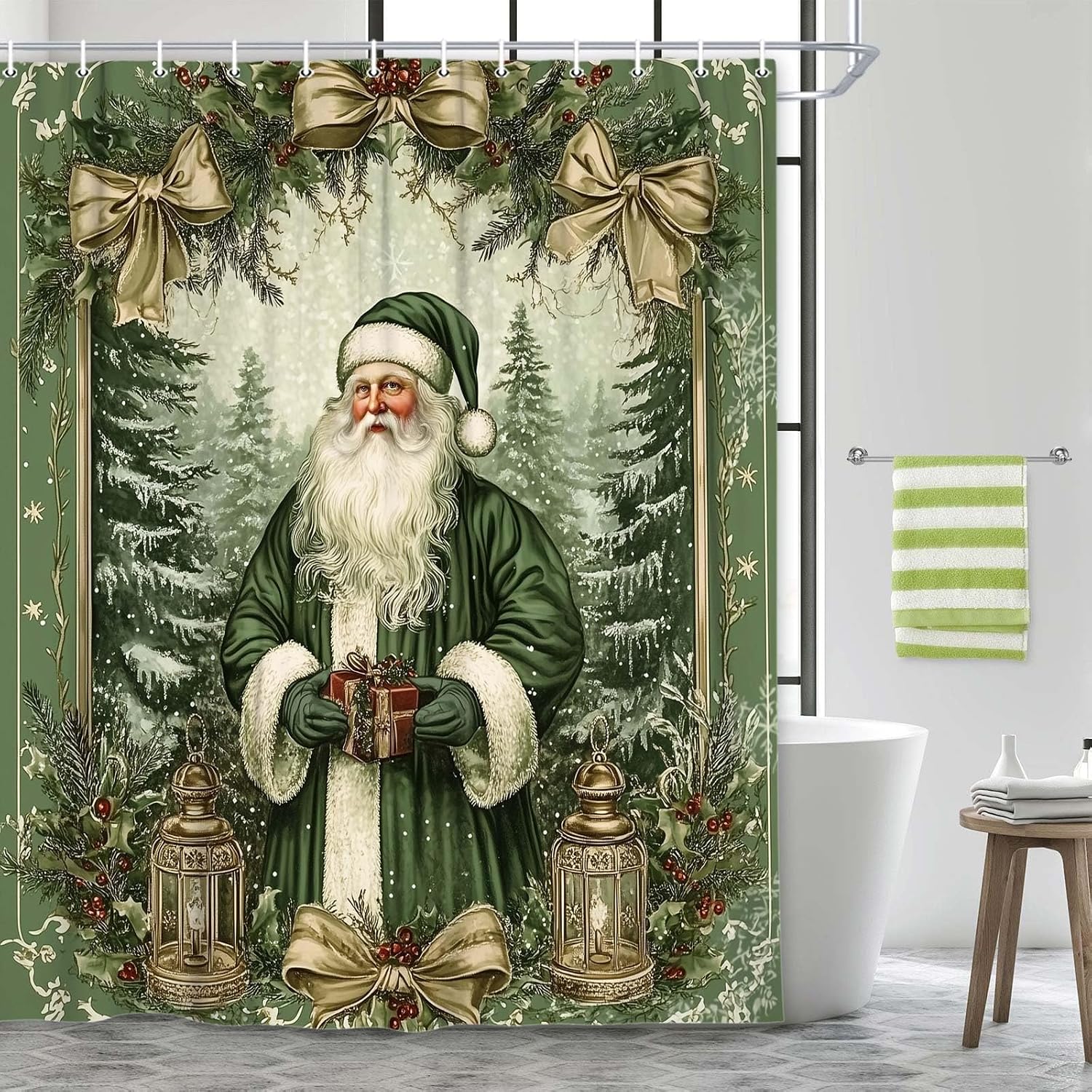 JAWO Vintage Christmas Shower Curtain, Cute Retro Victorian Santa Claus Merry Christmas Shower Curtain Set for Bathroom, Green Christmas Tree Fabric Bathroom Accessories Set with Hooks