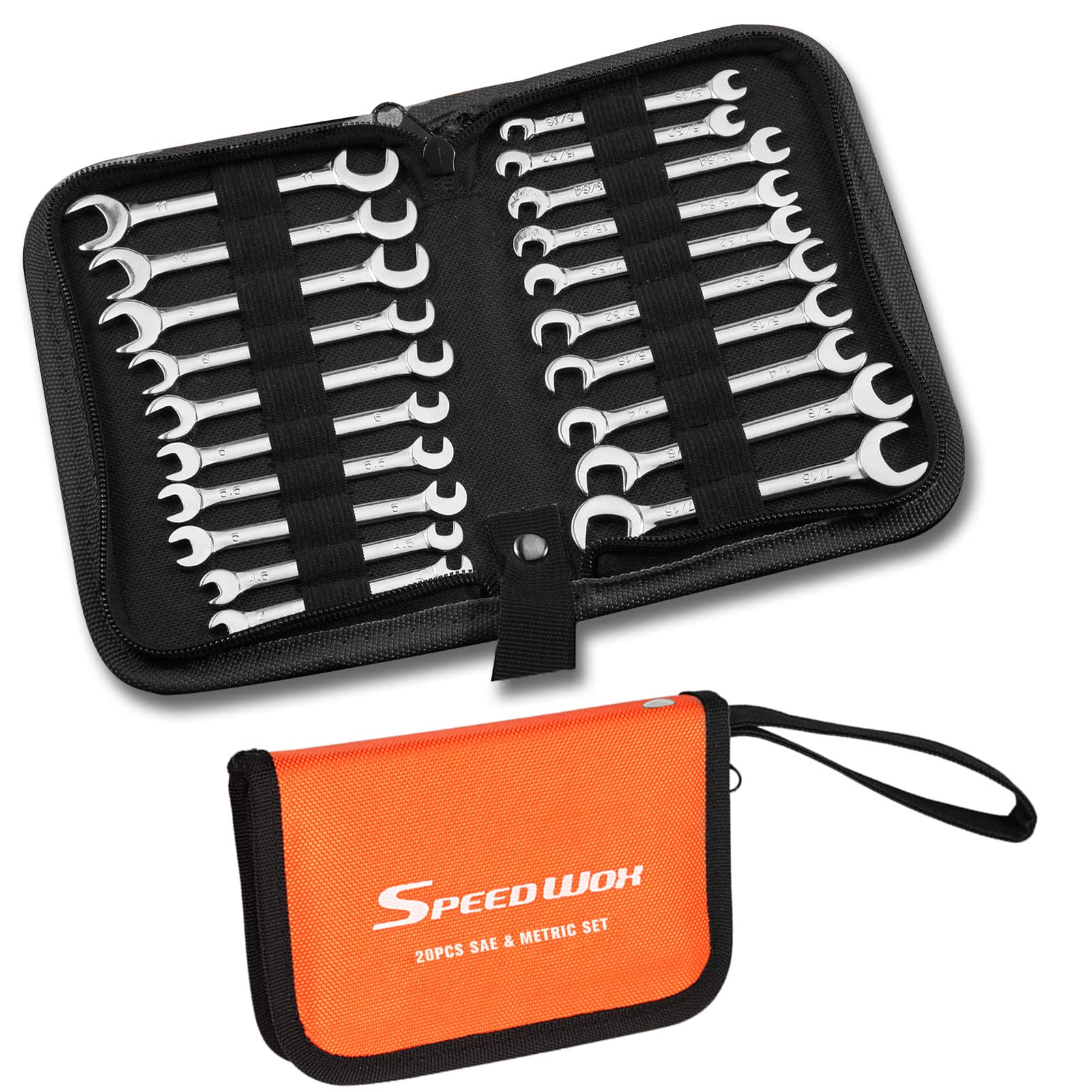 SPEEDWOX Mini Double Open End Wrench Set, 10-Piece Metric & SAE, Super-Thin Angled Heads, Made of Premium Carbon Steel, Includes Storage Pouch