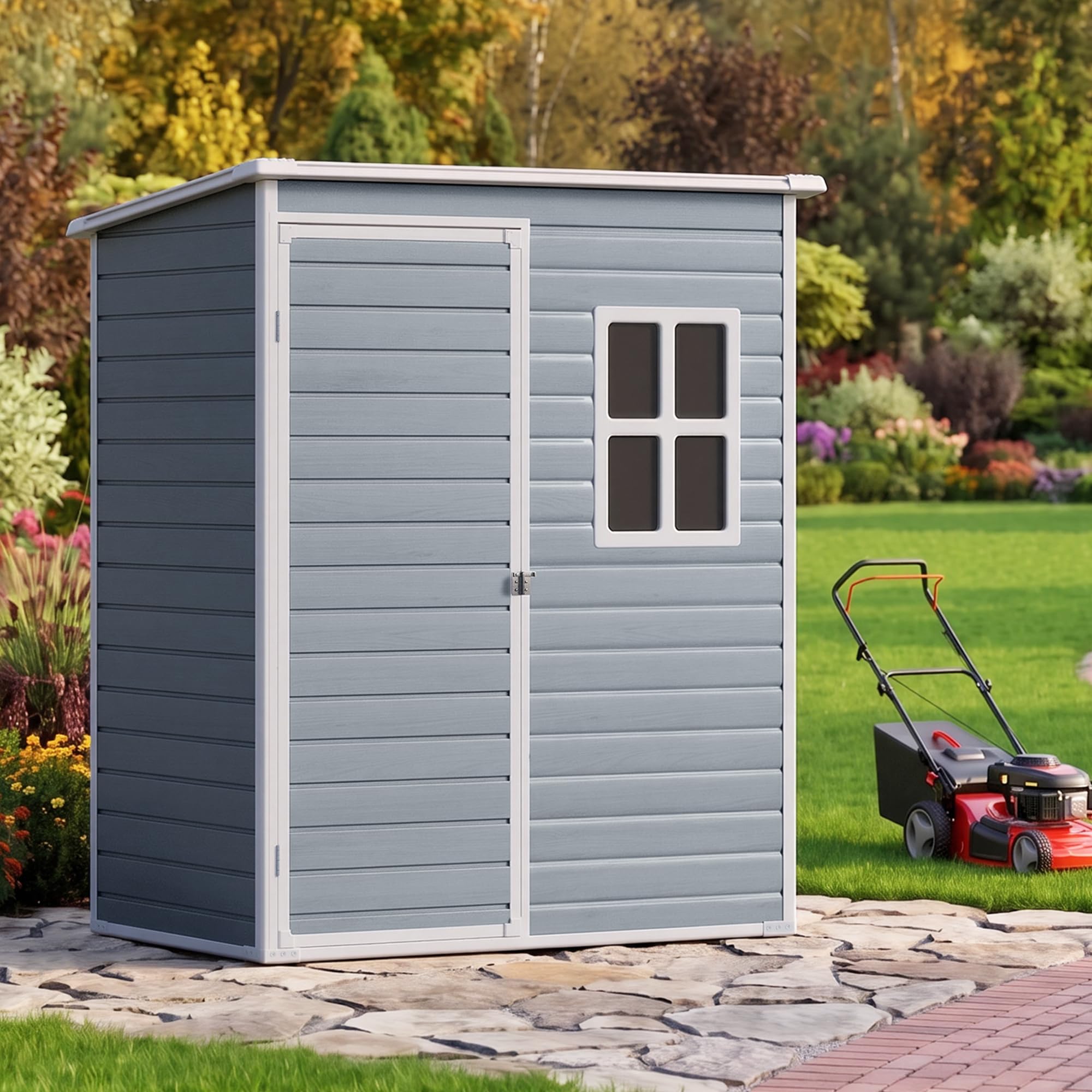 Casetta da Giardino in Resina,Capanno Porta Attrezzi Intemperie con 1 finestra, 1 porta 156×104×186 cm,Grigio