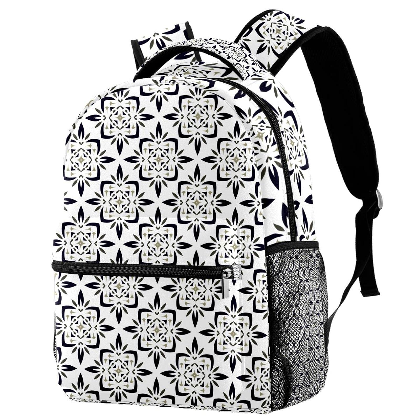 Sac à dos bohème noir et blanc imprimé géométrique avec porte-bouteille pour campus