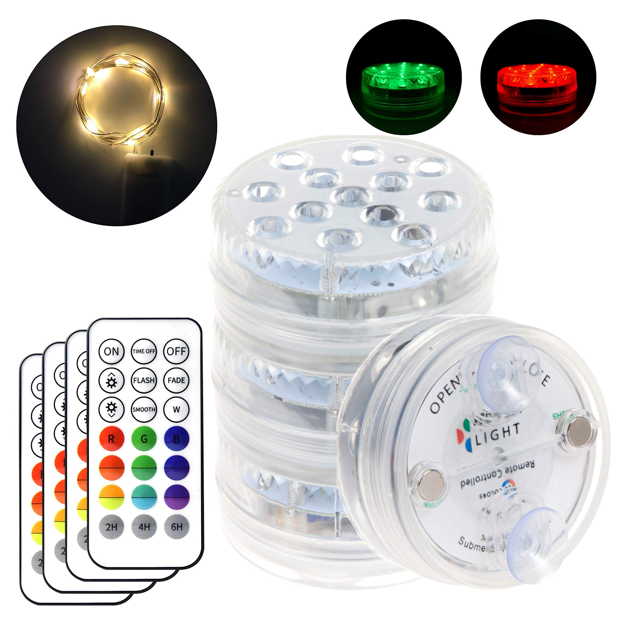 Lot de 4 lampes LED pour piscine enterrée, lampes submersibles à piles avec télécommande - Magnétiques et à ventouse - 3 modes d'éclairage avec 16 couleurs et option minuterie