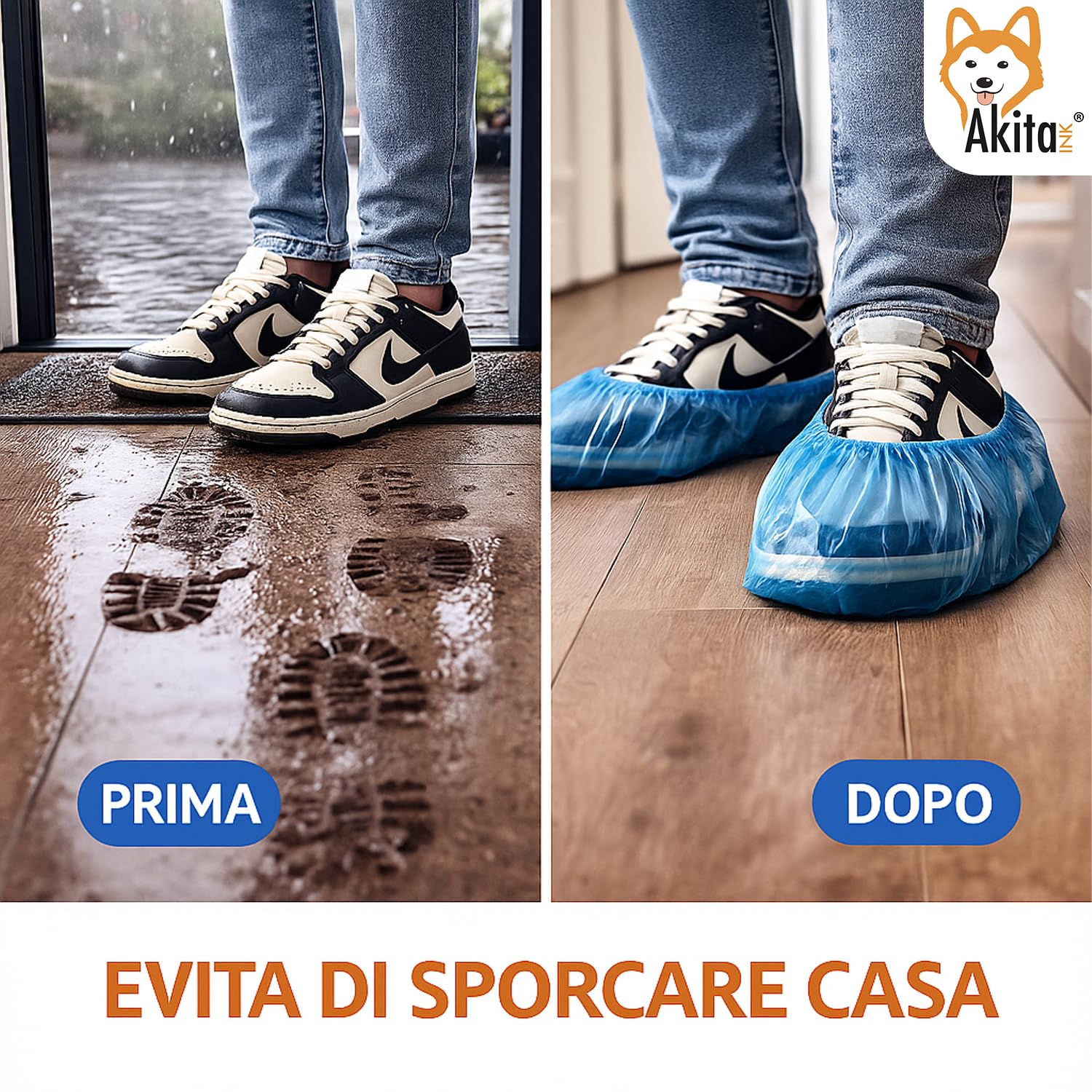 Copriscarpe Monouso in CPE AKITAInk – Blu, Suola Goffrata, Taglia Unica Fino al 48, Impermeabili, DPI per Pulizia