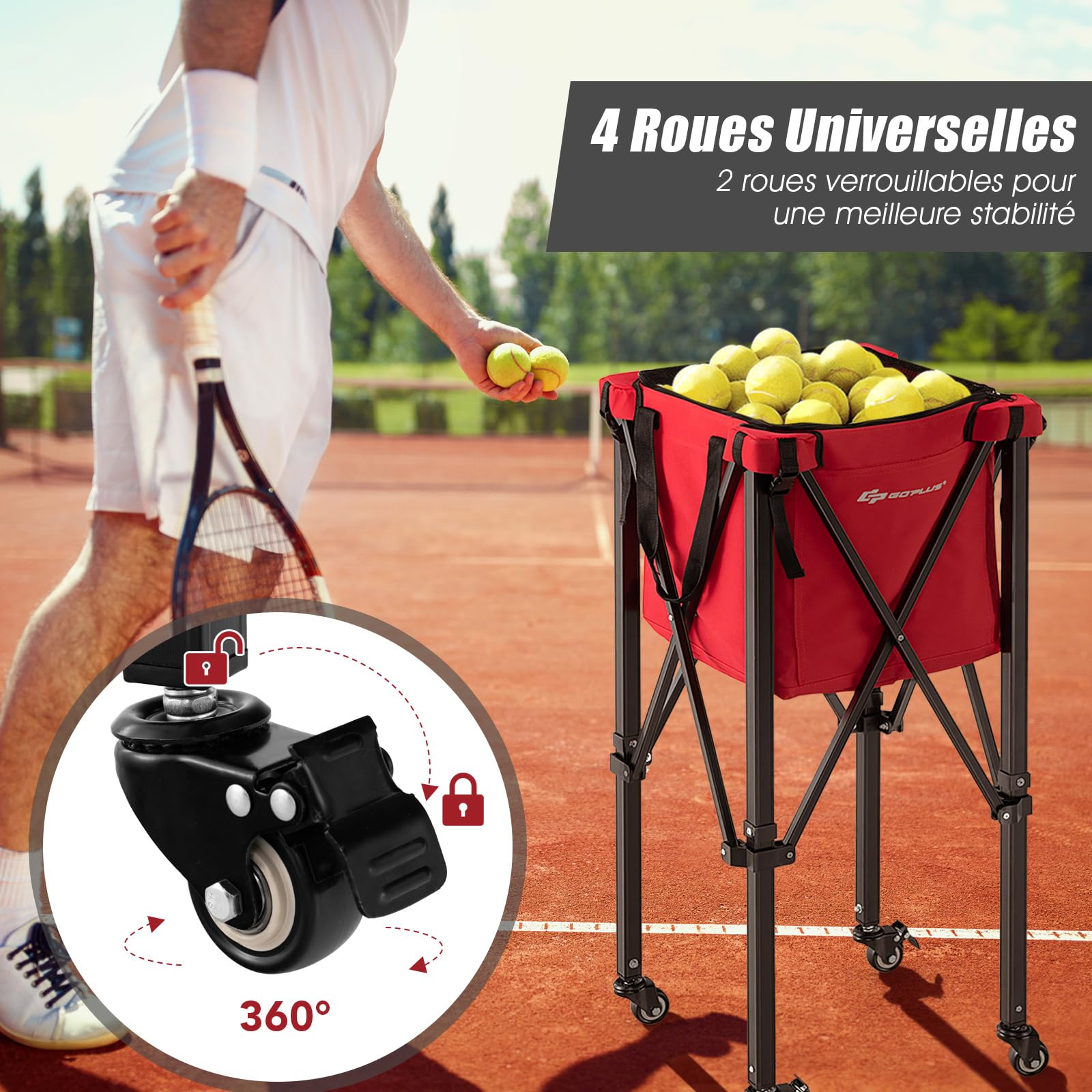 GOPLUS Chariot de Balle de Tennis Pliable, en Aluminium et Tissu Oxford avec et Sac Amovible, Panier de Rangement de Tennis Roulant pour Entraînement ou Loisir