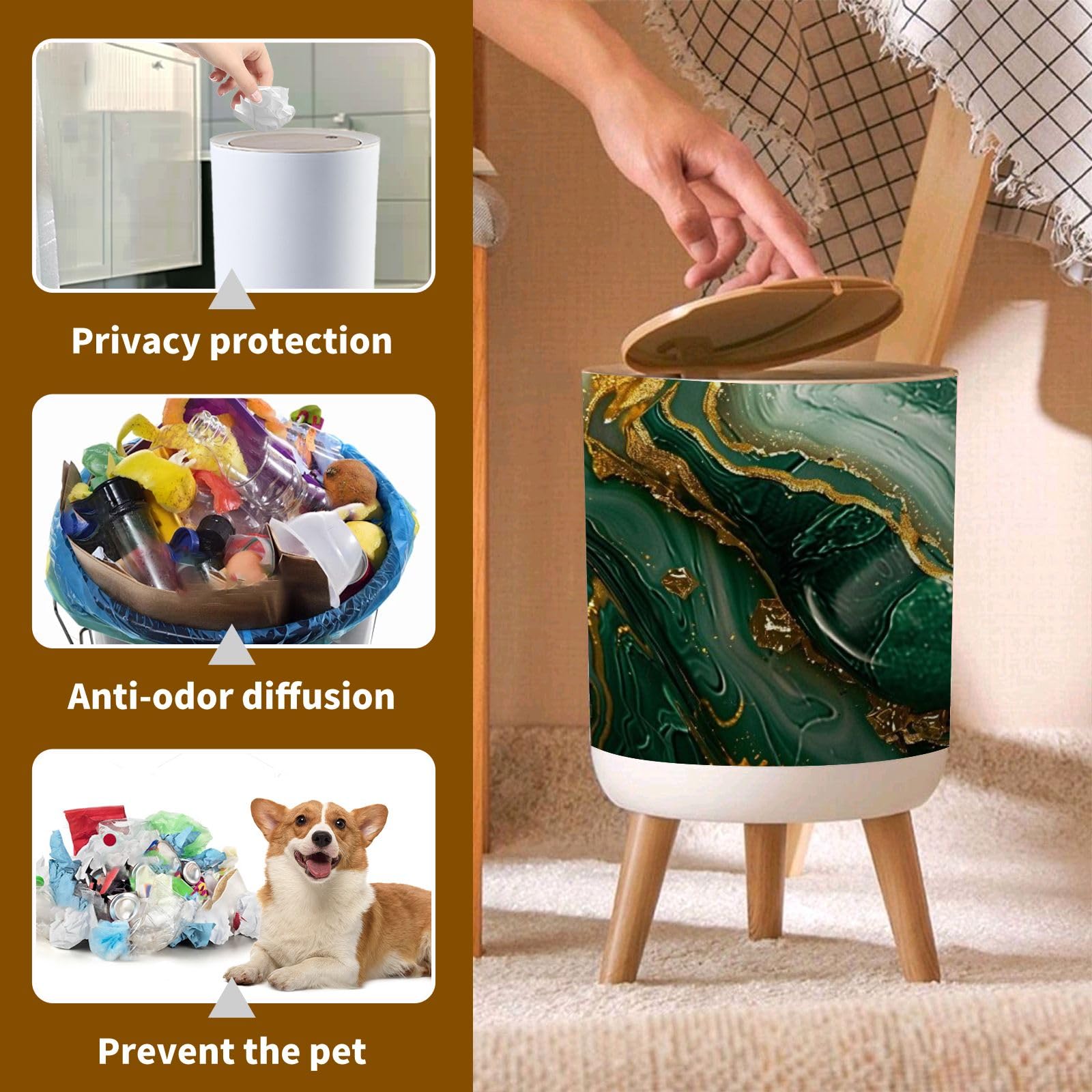Cubo de basura con tapa, diseño abstracto de mármol de lujo, textura de mármol, verde y dorado, cubo de basura 3D, redondo, a prueba de perros, para cocina, baño, sala de estar, guardería,