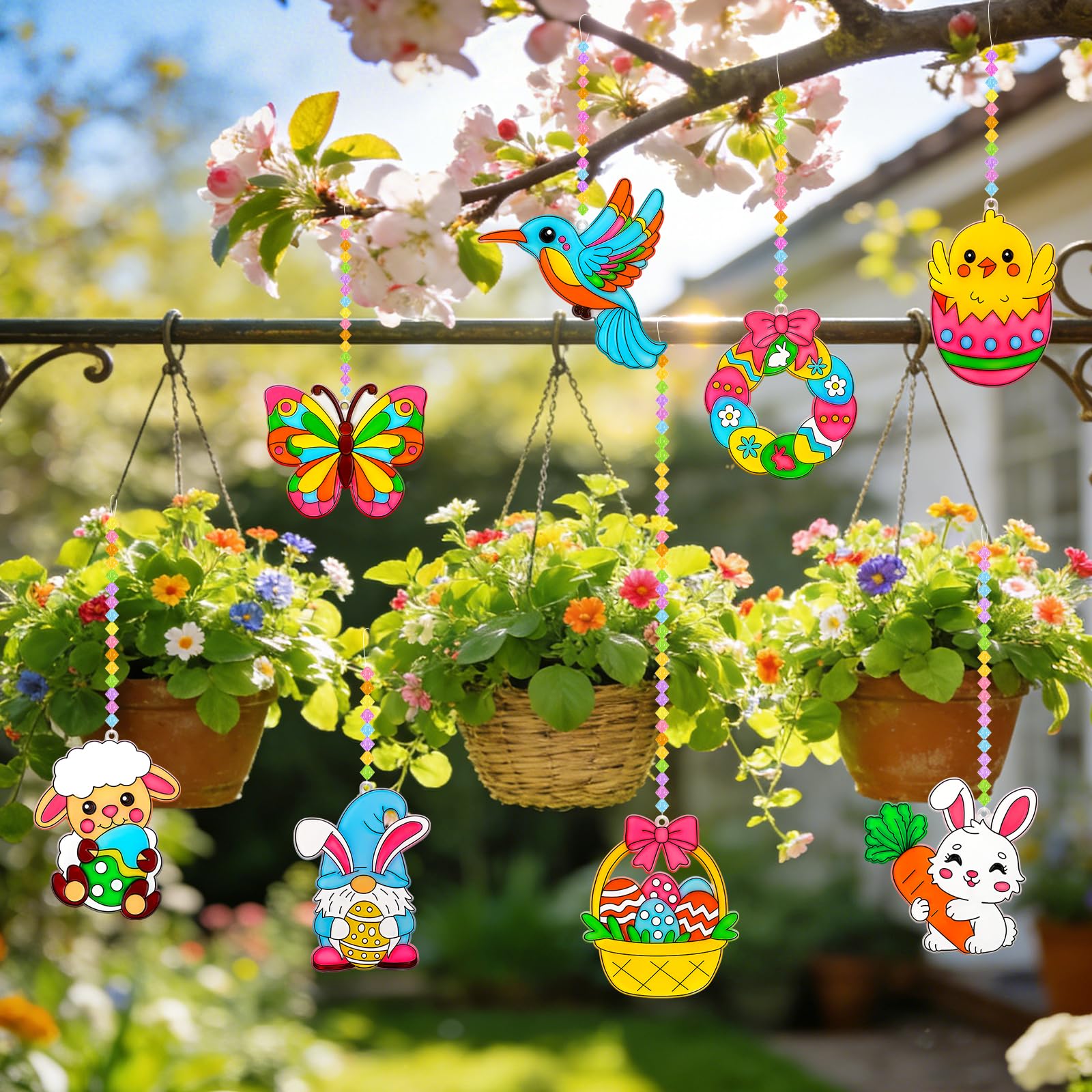 Kit de 24 Décorations Pâques à Suspendre, œufs Lapin Poulet Papillon Oiseaux à Peindre, Attrape-soleil Pendentif Fenêtre