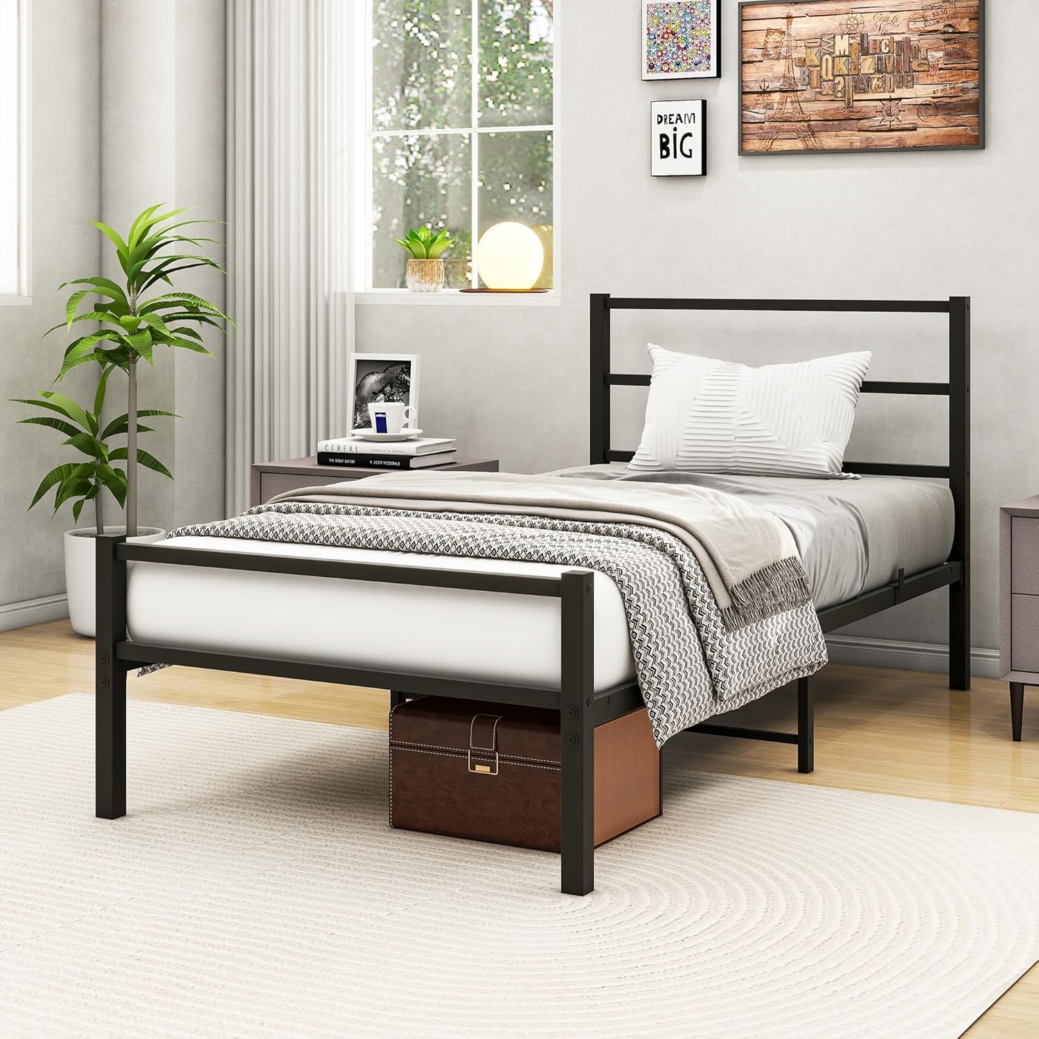 MOFLUT Single Bed Frame with Storage, 3ft Metal Single Bed Frame with Headboard and Footboard,Heavy Duty Slats Support, No Box Spring Needed, Noise Free,Easy Assembly, Underbed Space for Boxes,Black