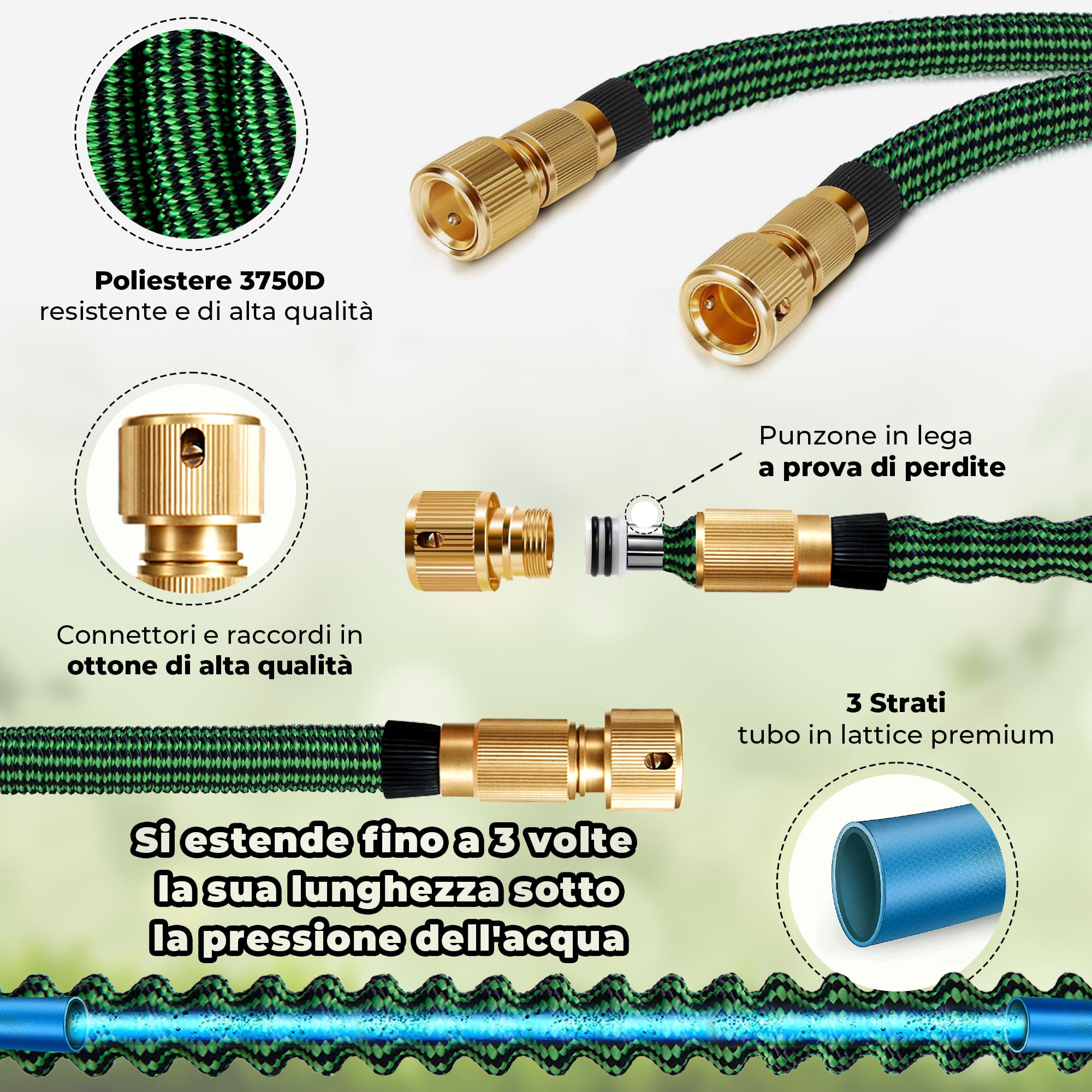 HOMEPROTEK Tubo Acqua Giardino Estensibile Da Giardino 15 Metri Con Pistola Acqua a 9 Modalità di Spruzzo - Tubo Irrigazione con Raccordi in Ottone da 1/2" e 3/4 | Tubo Irrigazione Estensibile Con Pistola 9 Getti, Raccordi Ottone 1/2 E 3/4; Flessibile Rin