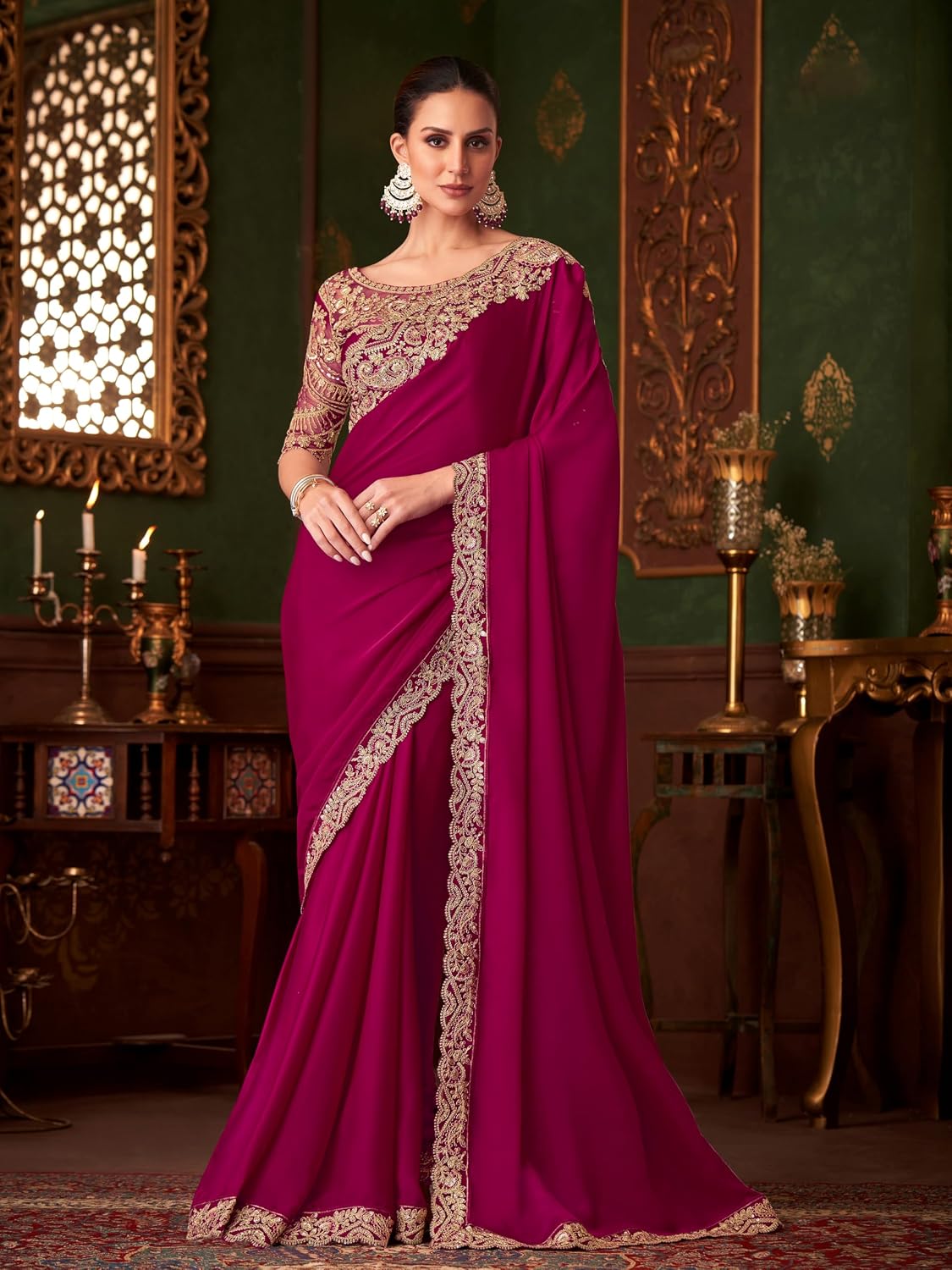 TRENDMALLS Women's Satin Embroidery With Sequence Work Saree with Unstitched Blouse (K1196-Pink)