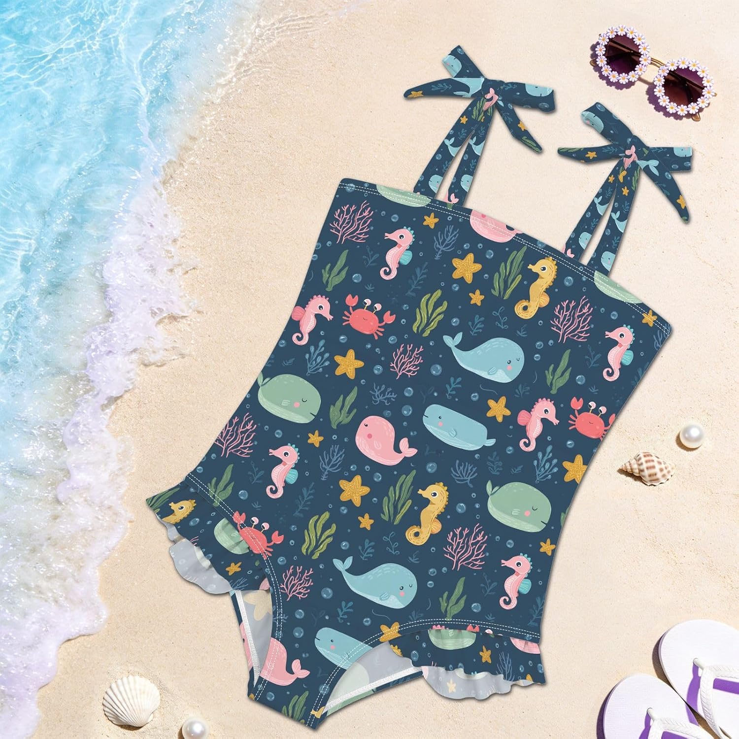visesunny Toddler Girl Swimsuit Adjustable Strap Swimwear Cute Sea Animals Bathing Suits for Girls 18M-6Y