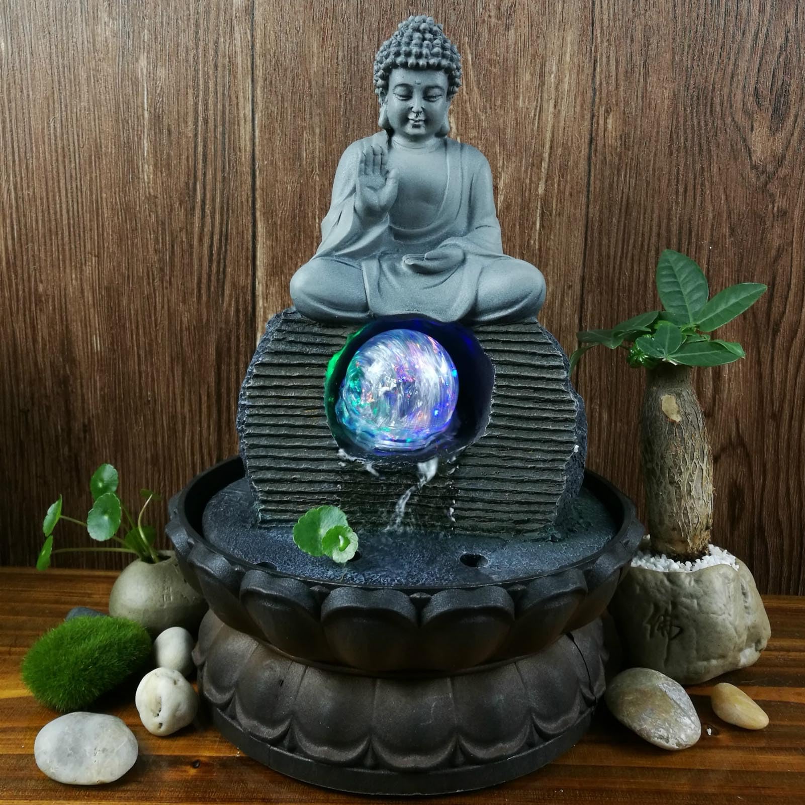 Fontaine de Statue de Bouddha en Résine avec Lotus, Fontaine d'eau de Table d'intérieur Humidificateur - Fengshui Décoration pour Bureau, Maison, Jardin et Terrasse,Gris,Buddha D