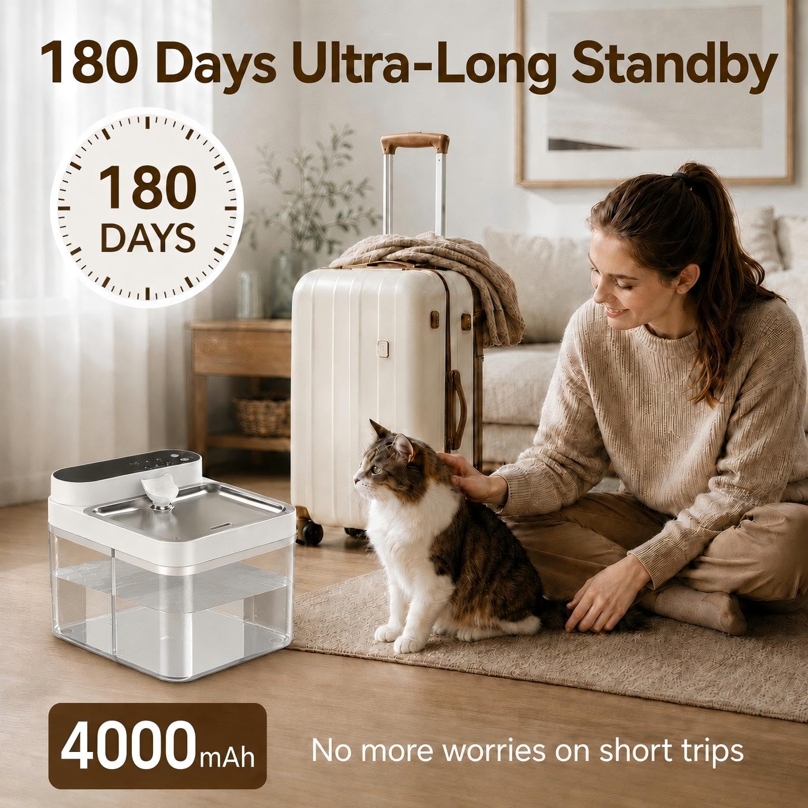 Fuente de agua para gatos sin filtro, separación de aguas residuales, fuente de agua para gatos sin filtros, inalámbrica y fuente de agua para mascotas de 180 días de funcionamiento