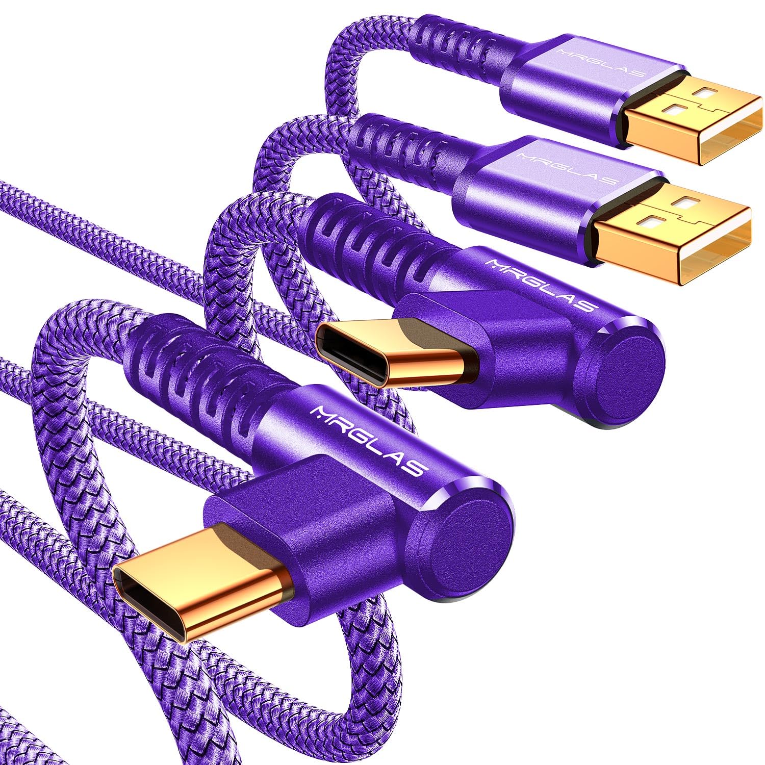 MRGLAS USB A to USB C Cable 3.2A 2-Pack [90°, Gold-Plated] 6.6+6.6FT Type C Charger Right Angle Nylon Braided Fast Charge Cable for iPhone 16 15 Galaxy S10 S9 Plus S21 Note 10 LG - Purple
