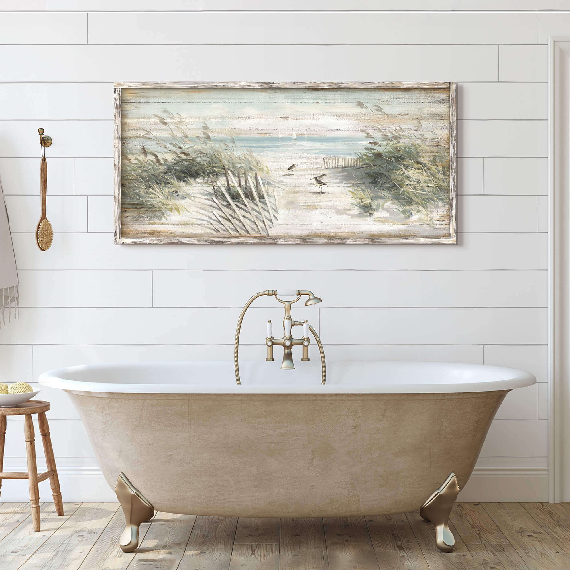 Beach Framed Wooden Wall Art: Coastal Reed Sandpiper Painting Ocean Nautical Perching Bird Picture Seascape Grass Seabirds Artwork Decor for Living Room Bedroom