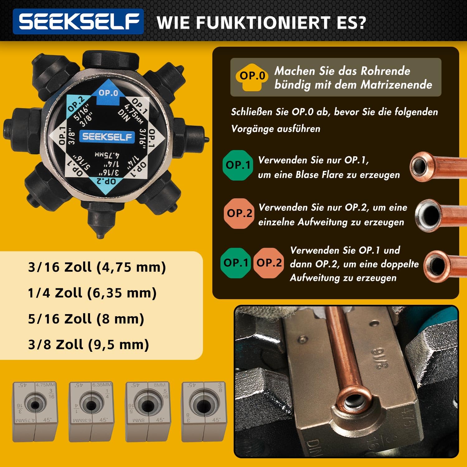Professional Bremsleitungs-Bördel-Werkzeugsatz für 45-Grad-Einzel-, Doppel- und Bubble-Bördel, 3/16", 1/4", 5/16", 3/8" und 4,75 mm Stahl-Kupfer-Metallschlauch, schwarz