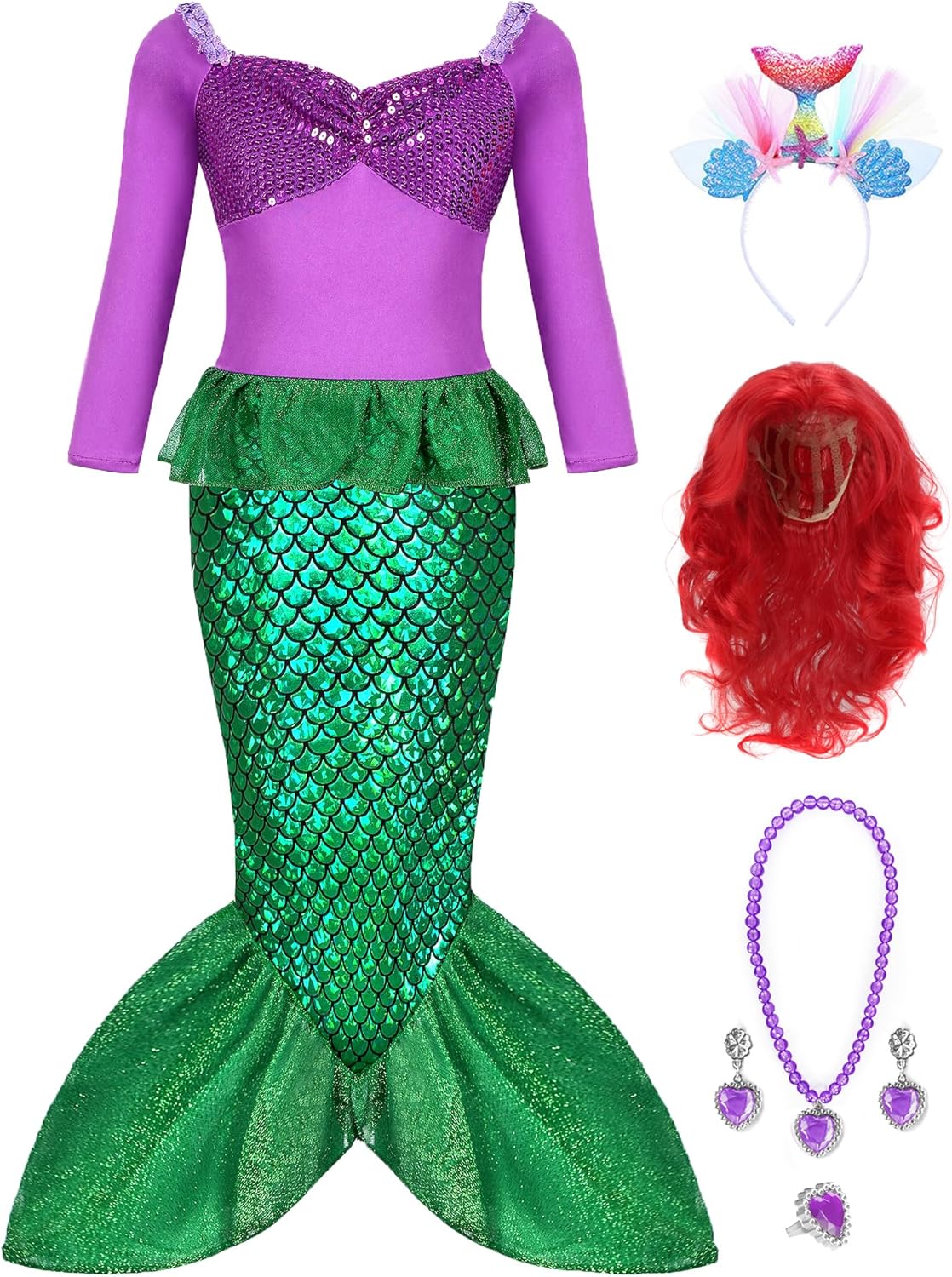 Little Girls Mermaid Ariel Costume for Grils Dress Up Halloween Cosplay Birthday Party with Headband, Wig, Necklace 8-10 Years