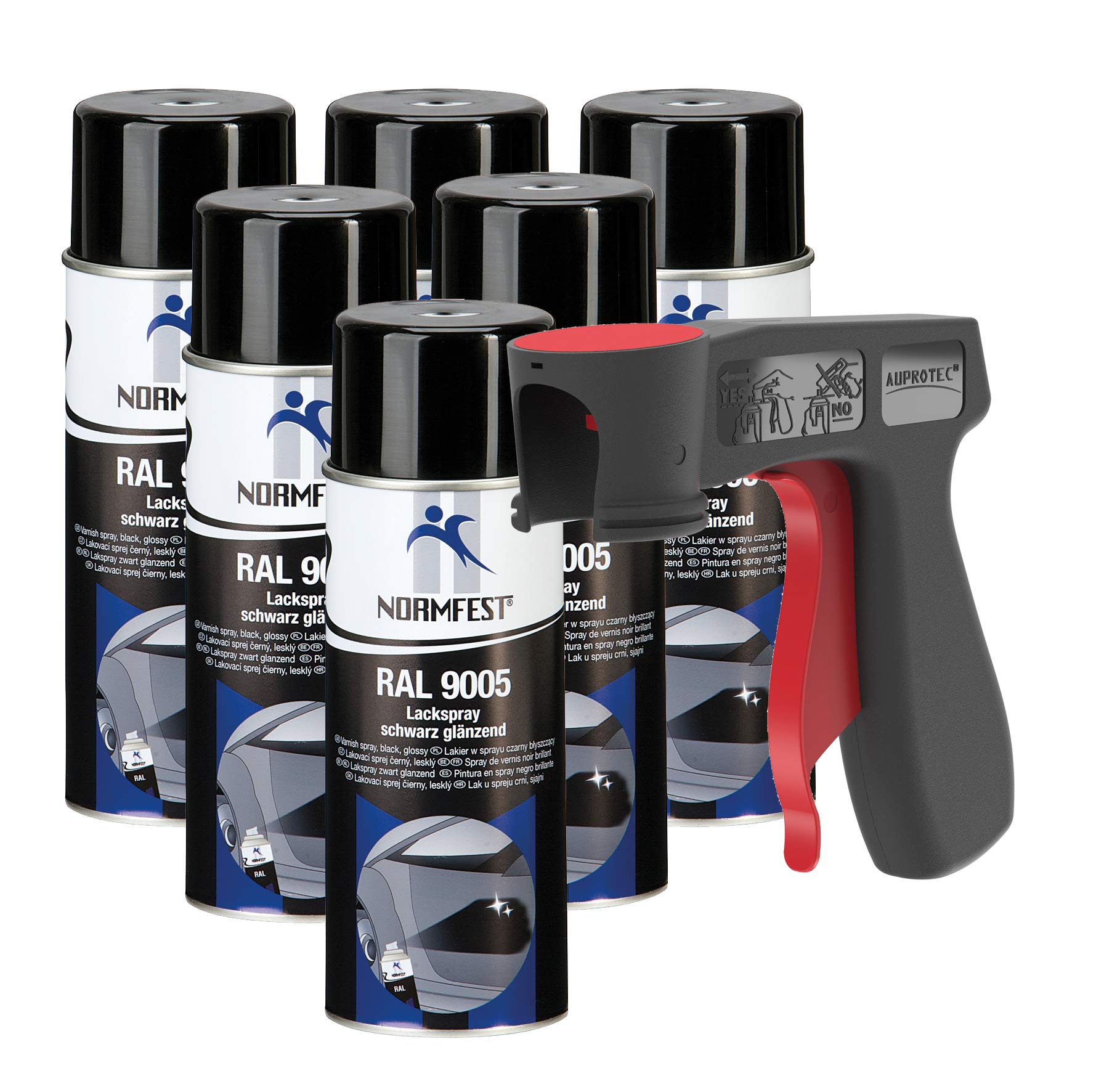 AUPROTEC Lackspray RAL 9005 schwarz glänzend Sprühlack Glanzlack Auto Lack Spray 6x 400ml + 1x Original Pistolengriff